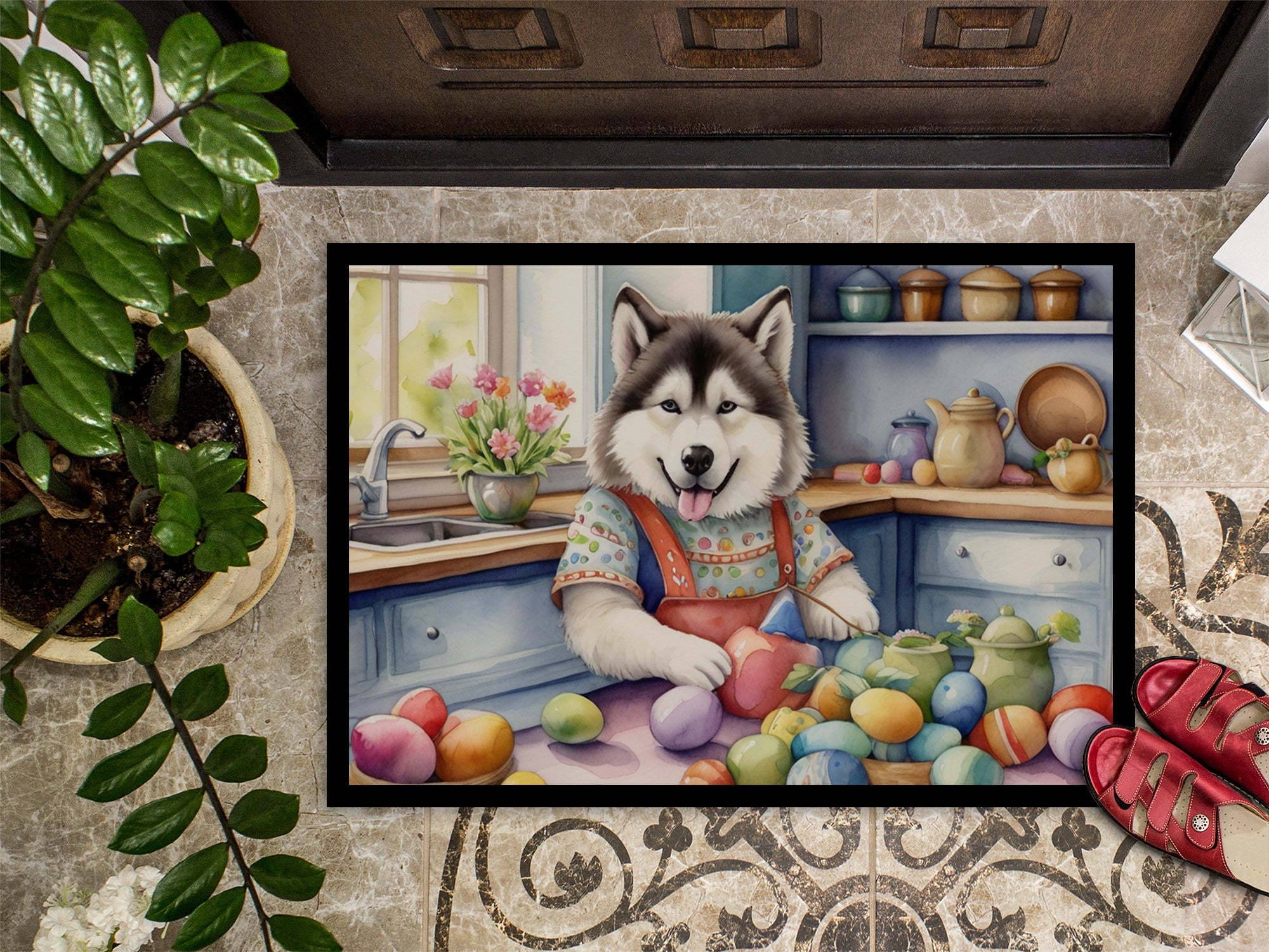 Decorating Easter Alaskan Malamute Doormat Indoor Outdoor 18H X 27W Front Door Mat Rugs for Entryway, Non Slip Washable