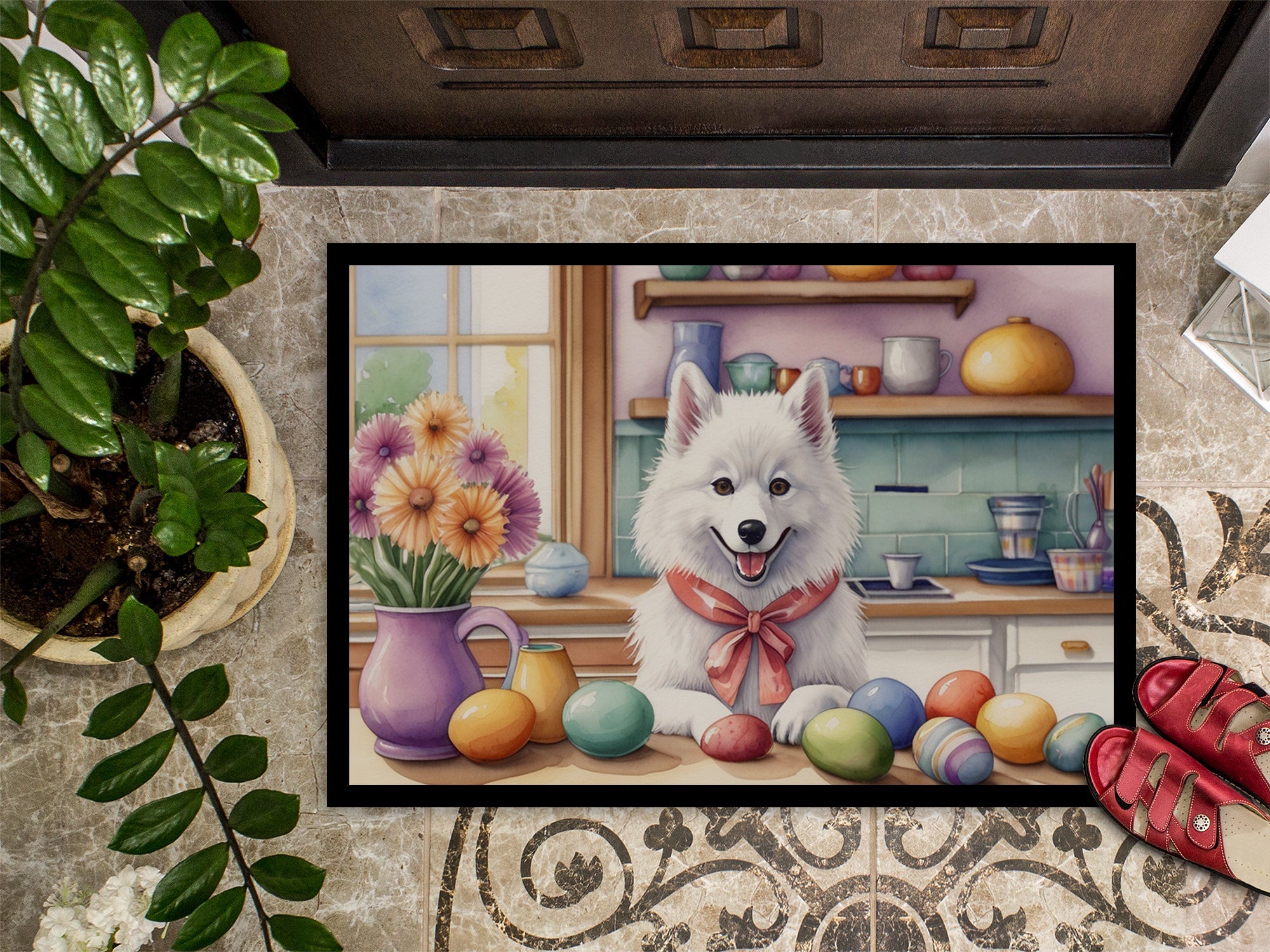 Decorating Easter American Eskimo Doormat Indoor Outdoor 18H X 27W Front Door Mat Rugs for Entryway, Non Slip Washable