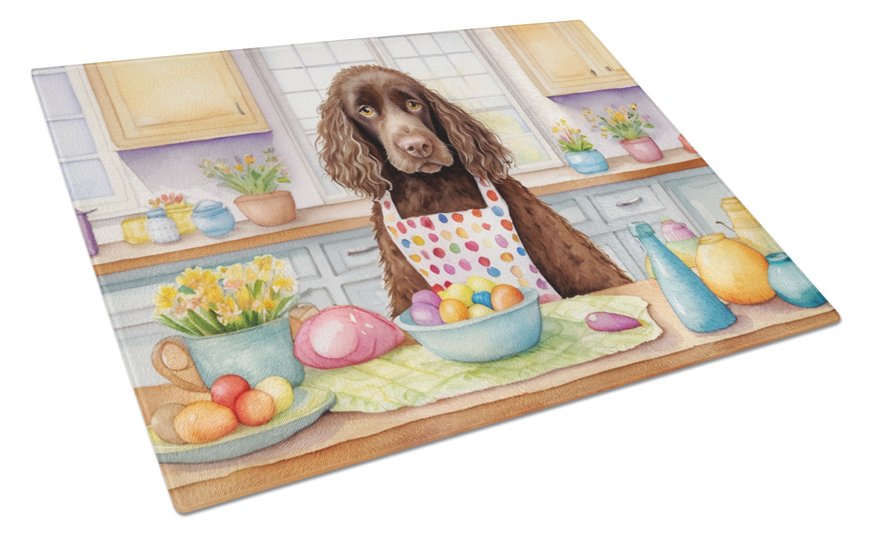 Decorating Easter American Water Spaniel Cutting Board Tempered Glass Kitchen Cutting Surface, Heat Resistant Chopping, Non-Slip Feet, Food Prep & Serving