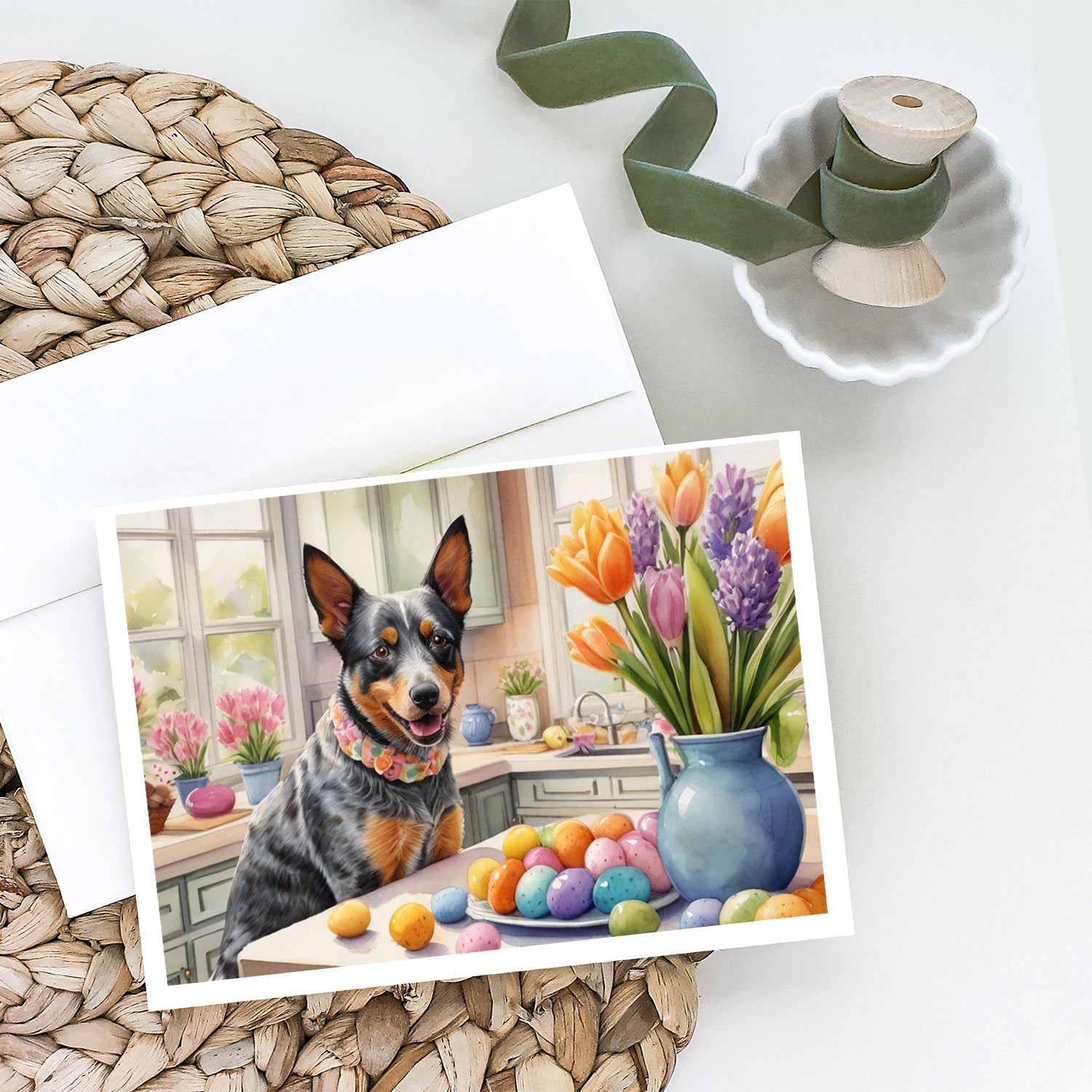 Decorating Easter Australian Cattle Dog Greeting Cards Pack of 8 Blank Cards with Envelopes Whimsical A7 Size 5x7