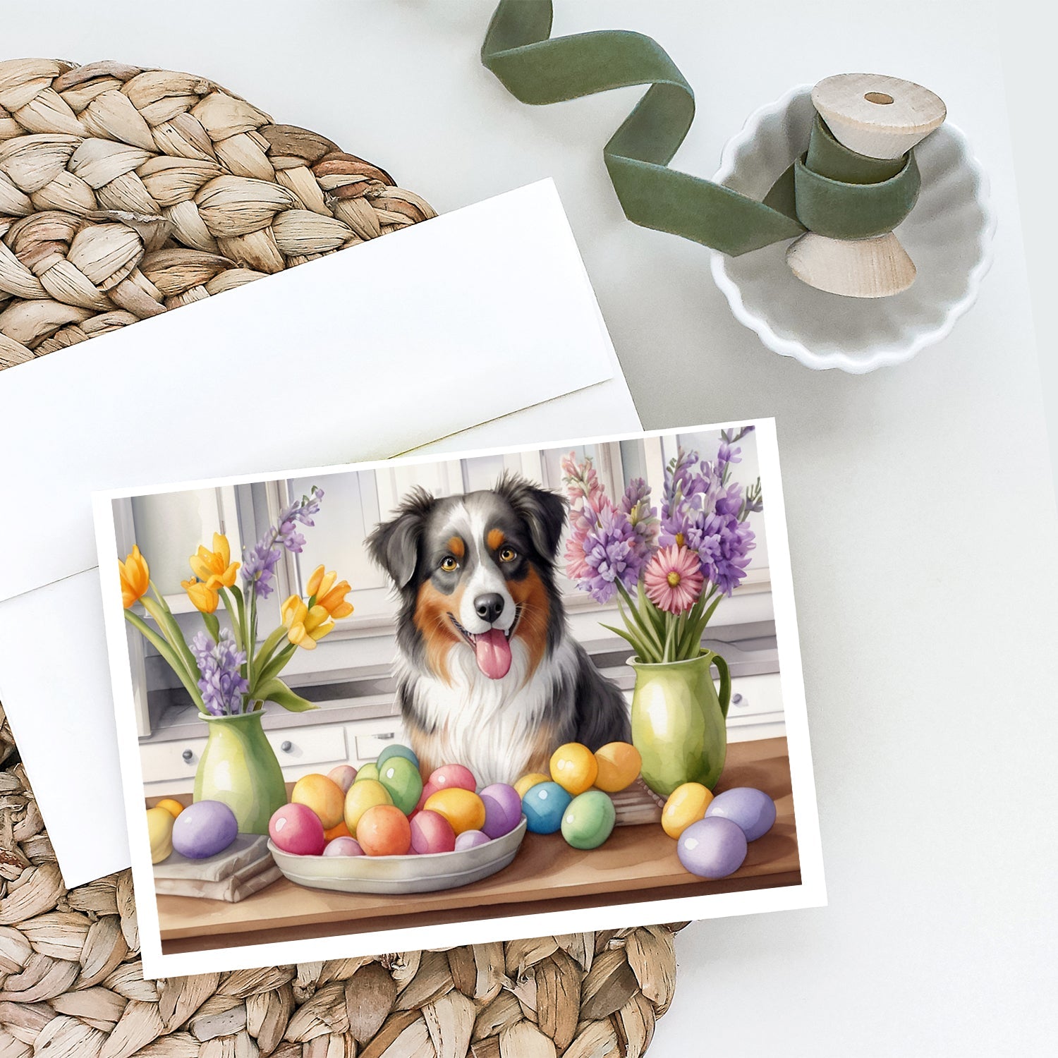 Decorating Easter Australian Shepherd Greeting Cards Pack of 8 Blank Cards with Envelopes Whimsical A7 Size 5x7