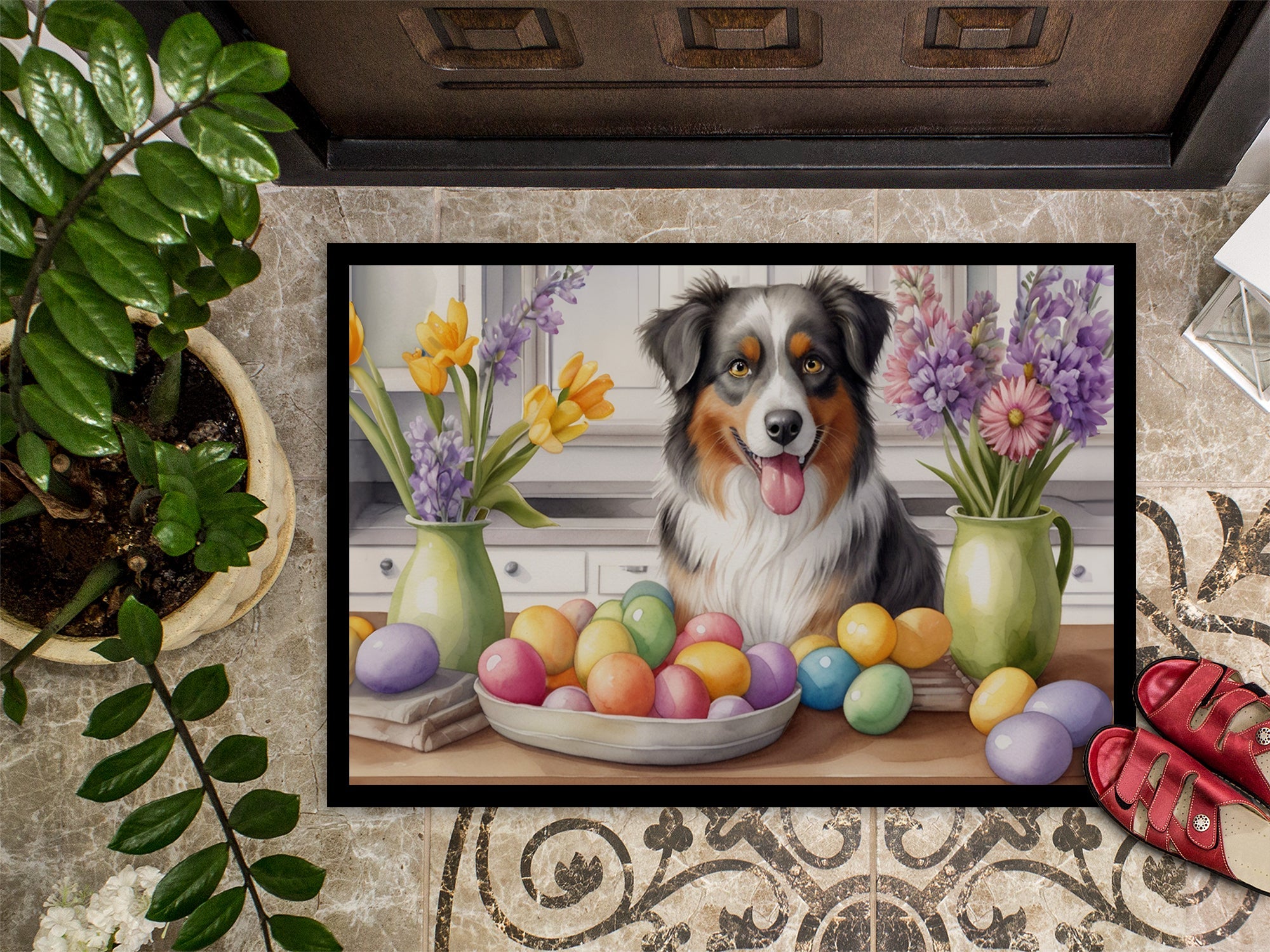 Decorating Easter Australian Shepherd Doormat Indoor Outdoor 18H X 27W Front Door Mat Rugs for Entryway, Non Slip Washable