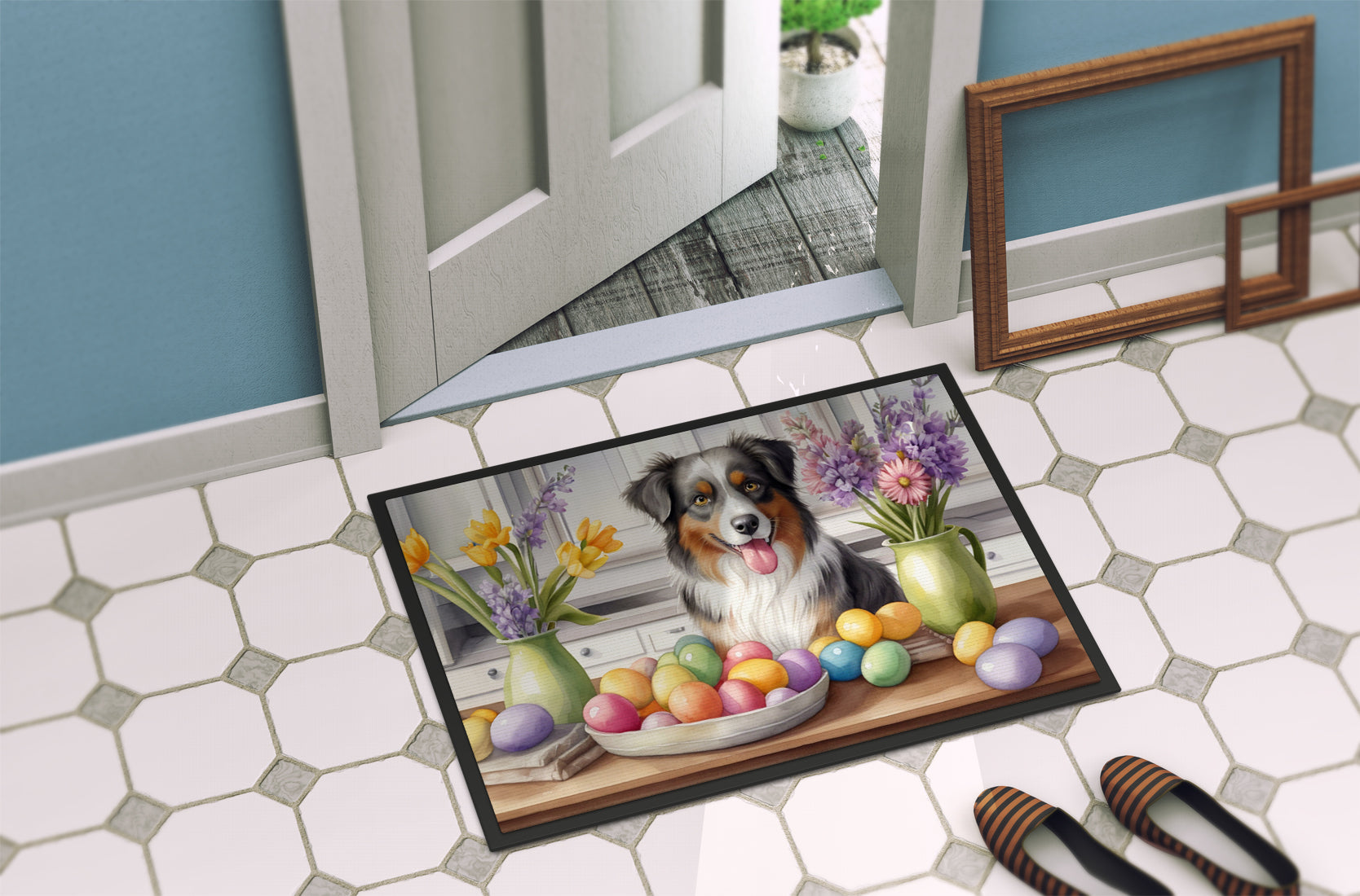 Decorating Easter Australian Shepherd Doormat Indoor Outdoor 18H X 27W Front Door Mat Rugs for Entryway, Non Slip Washable