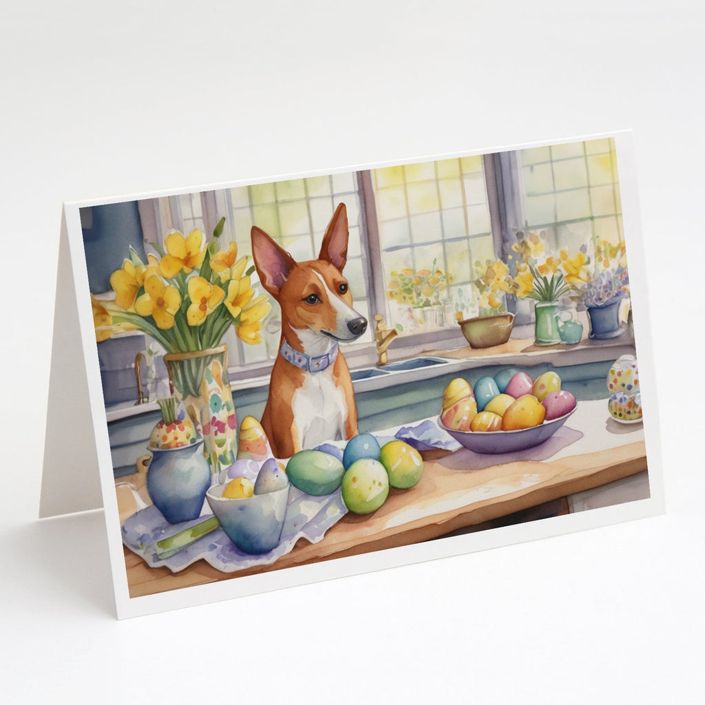 Decorating Easter Basenji Greeting Cards Pack of 8 Blank Cards with Envelopes Whimsical A7 Size 5x7