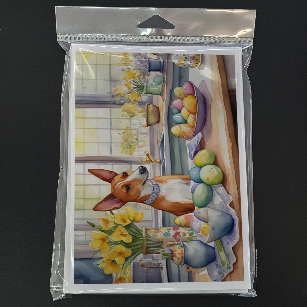 Decorating Easter Basenji Greeting Cards Pack of 8 Blank Cards with Envelopes Whimsical A7 Size 5x7