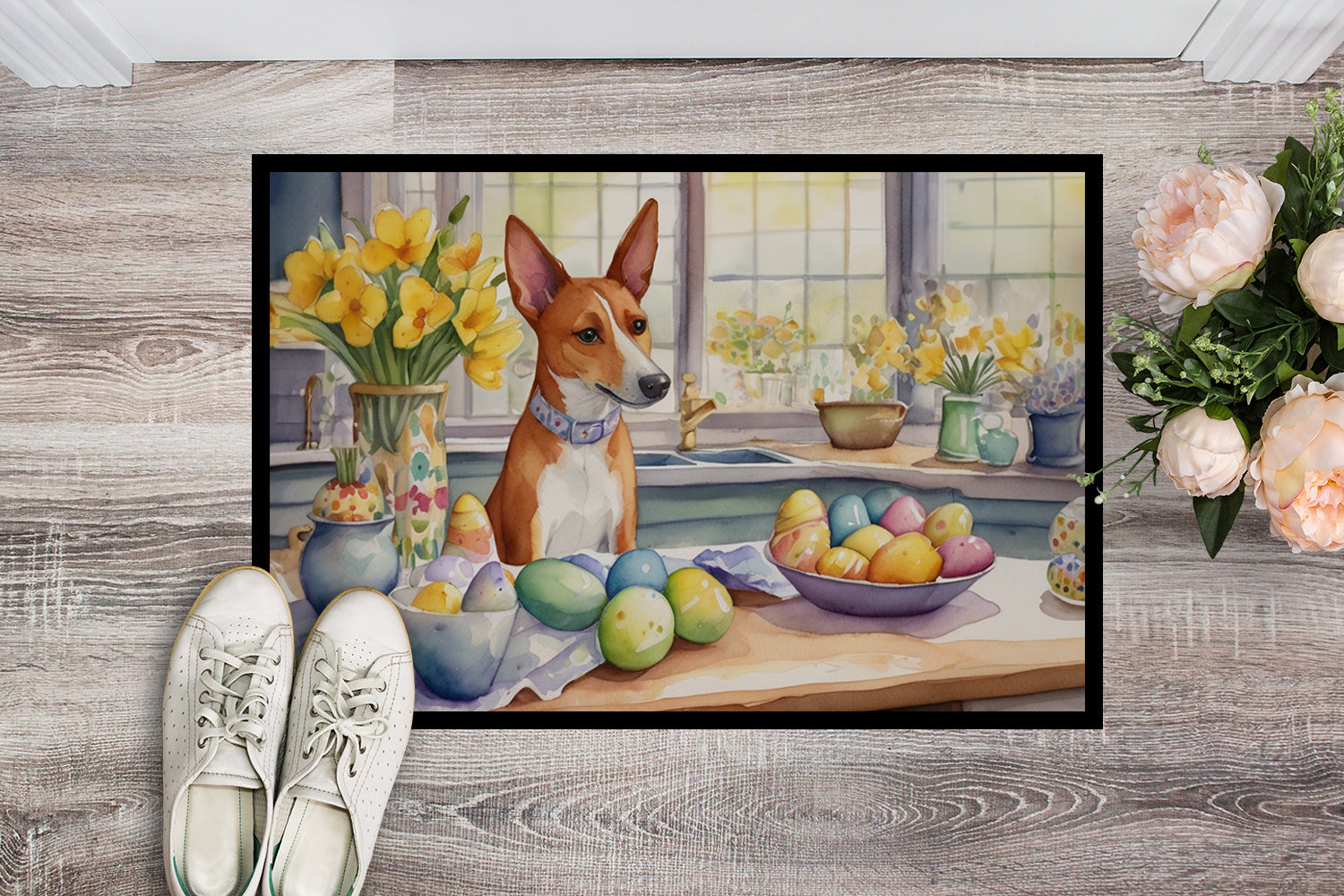 Decorating Easter Basenji Doormat Indoor Outdoor 18H X 27W Front Door Mat Rugs for Entryway, Non Slip Washable
