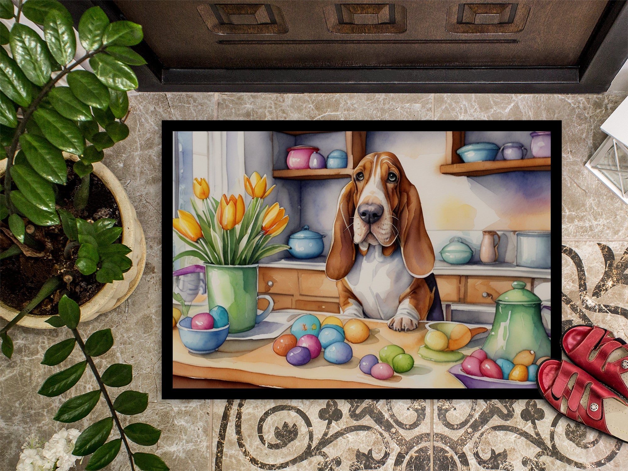 Decorating Easter Basset Hound Doormat Indoor Outdoor 24H X 36W Front Door Mat Rugs for Entryway, Non Slip Washable Low Pile,