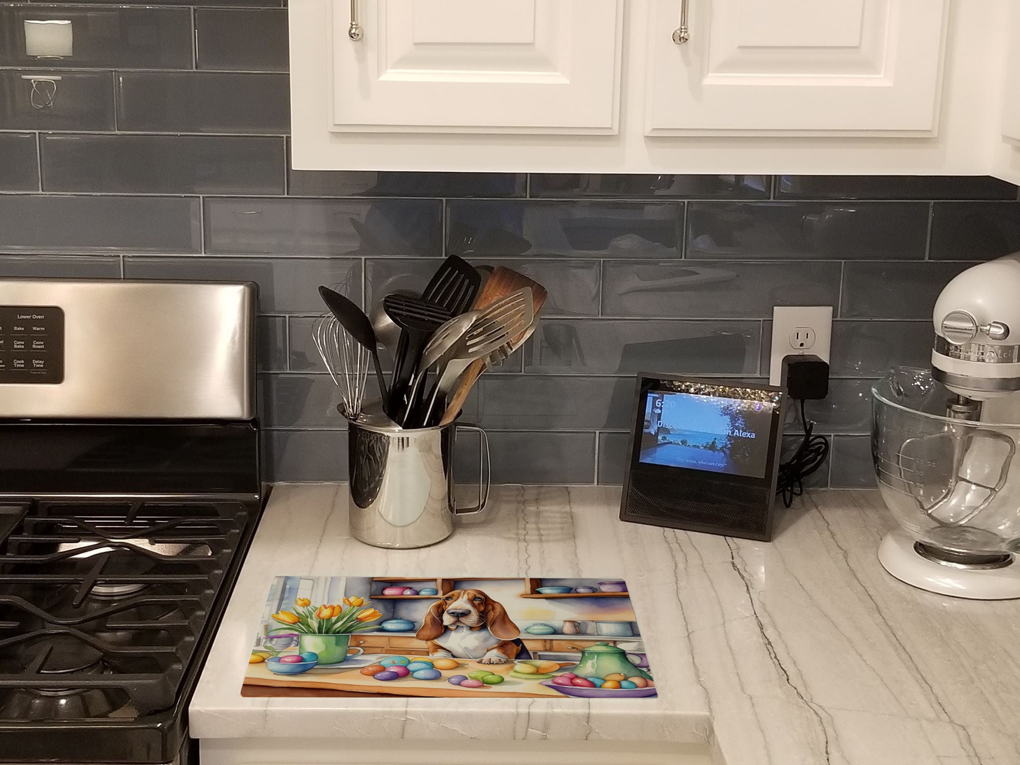 Decorating Easter Basset Hound Cutting Board Tempered Glass Kitchen Cutting Surface, Heat Resistant Chopping, Non-Slip Feet, Food Prep & Serving