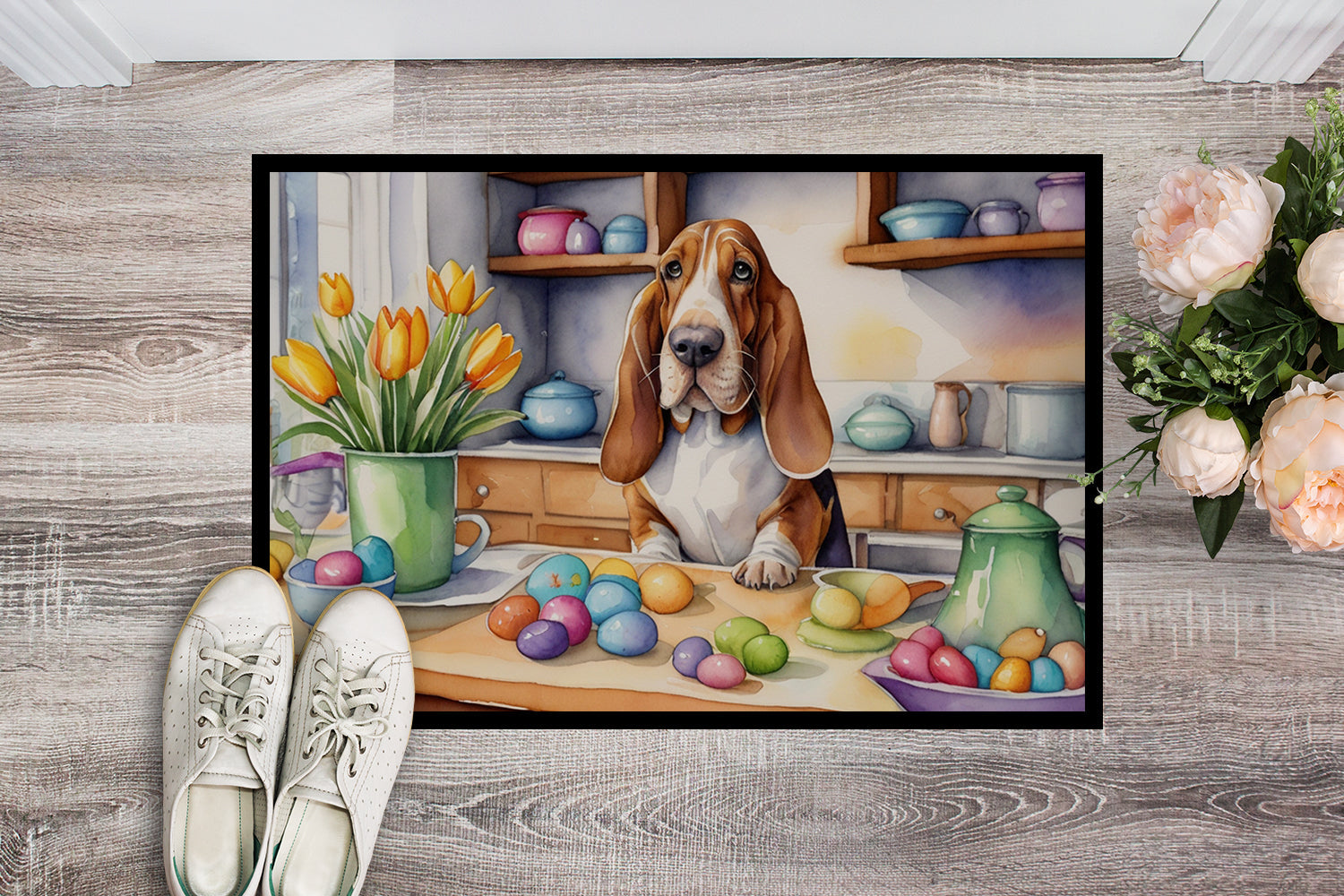 Decorating Easter Basset Hound Doormat Indoor Outdoor 18H X 27W Front Door Mat Rugs for Entryway, Non Slip Washable