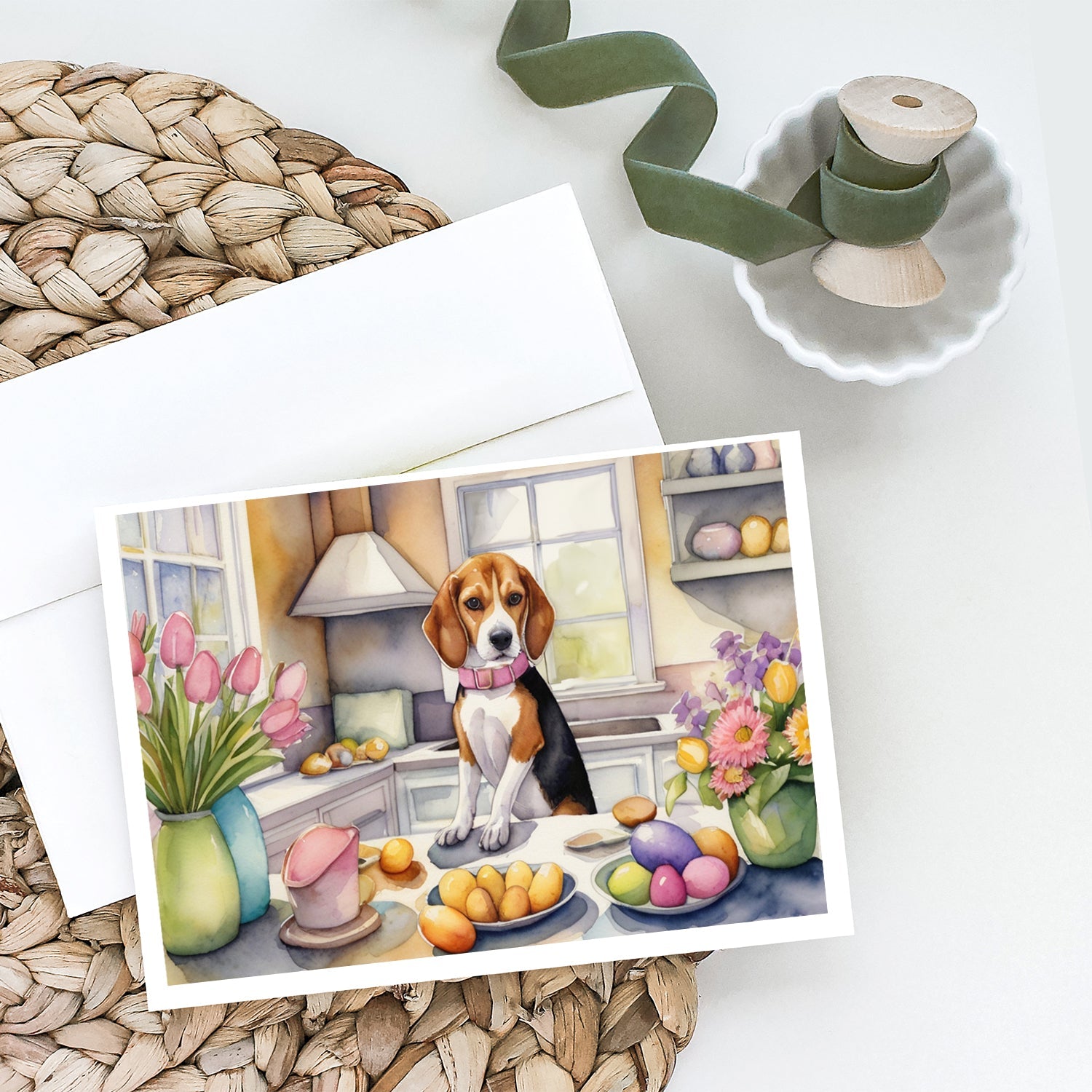 Decorating Easter Beagle Greeting Cards Pack of 8 Blank Cards with Envelopes Whimsical A7 Size 5x7