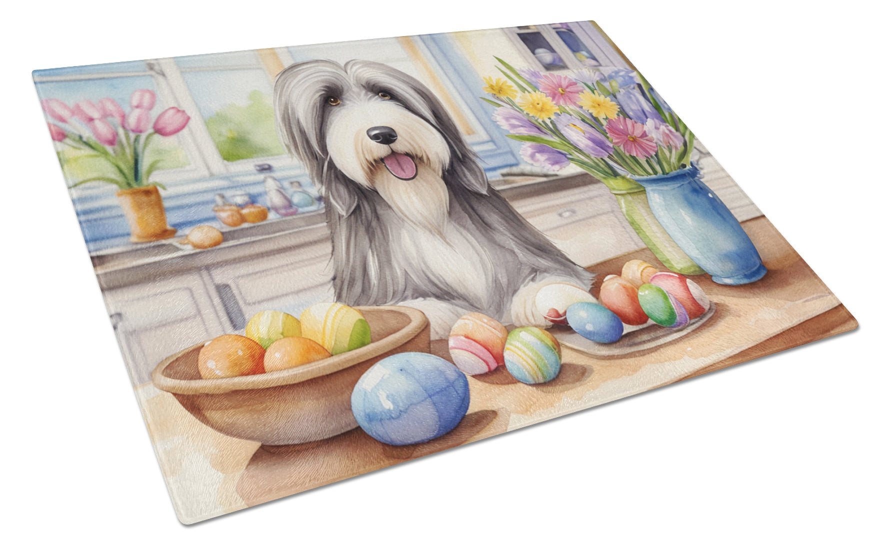 Decorating Easter Bearded Collie Cutting Board Tempered Glass Kitchen Cutting Surface, Heat Resistant Chopping, Non-Slip Feet, Food Prep & Serving