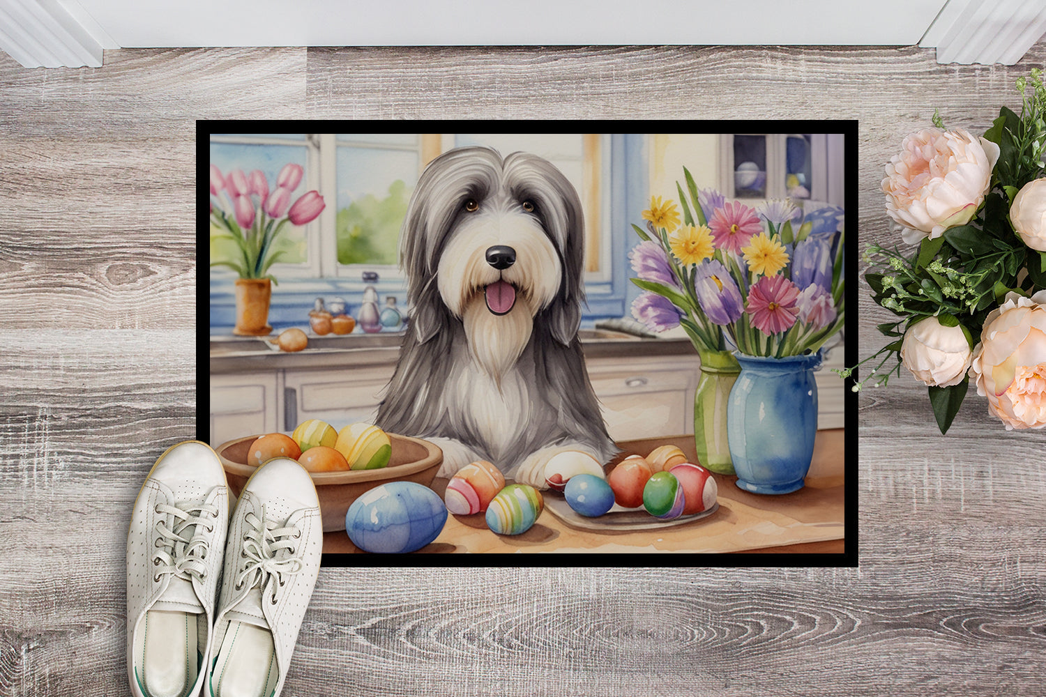 Decorating Easter Bearded Collie Doormat Indoor Outdoor 18H X 27W Front Door Mat Rugs for Entryway, Non Slip Washable