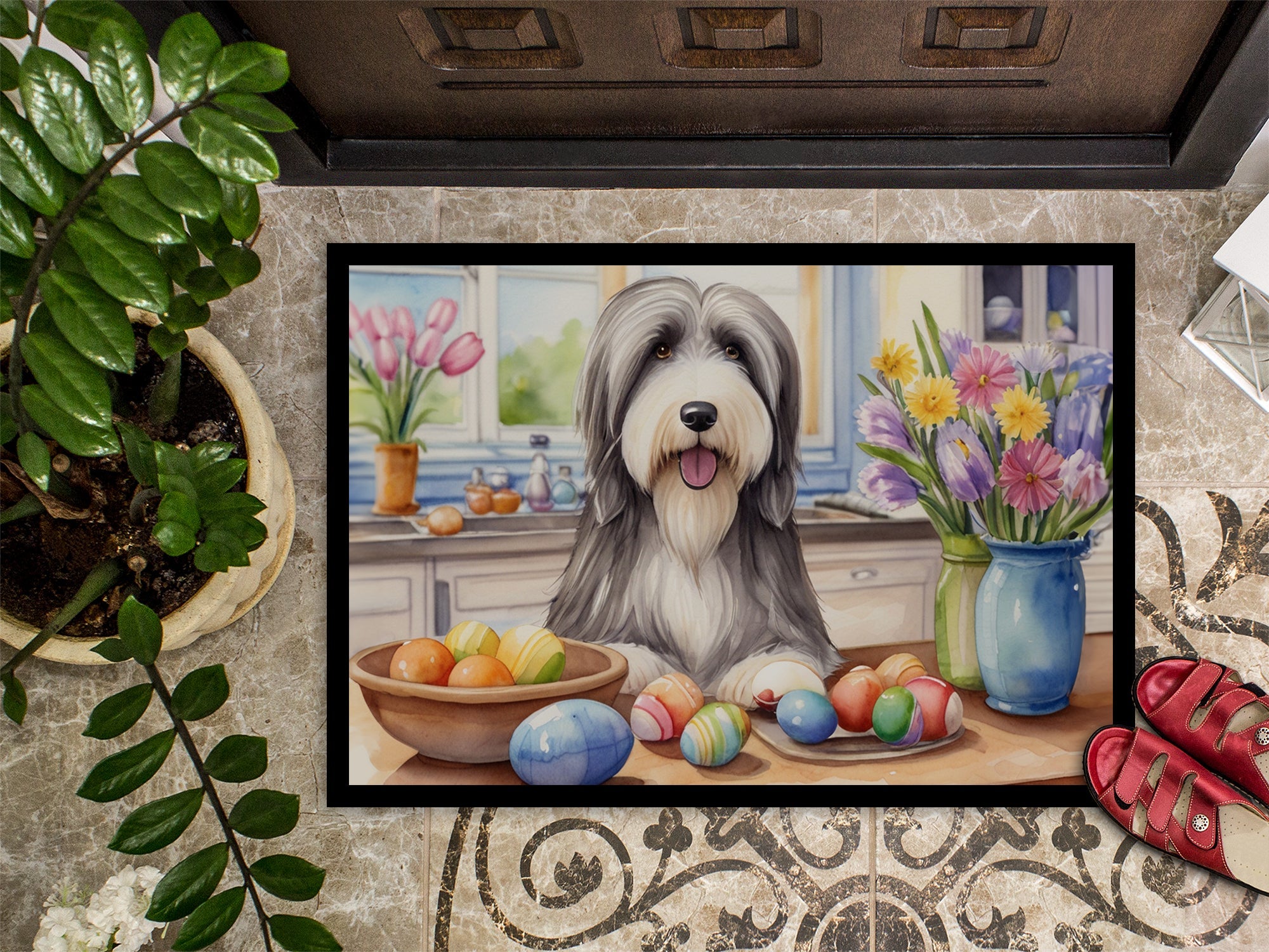 Decorating Easter Bearded Collie Doormat Indoor Outdoor 18H X 27W Front Door Mat Rugs for Entryway, Non Slip Washable