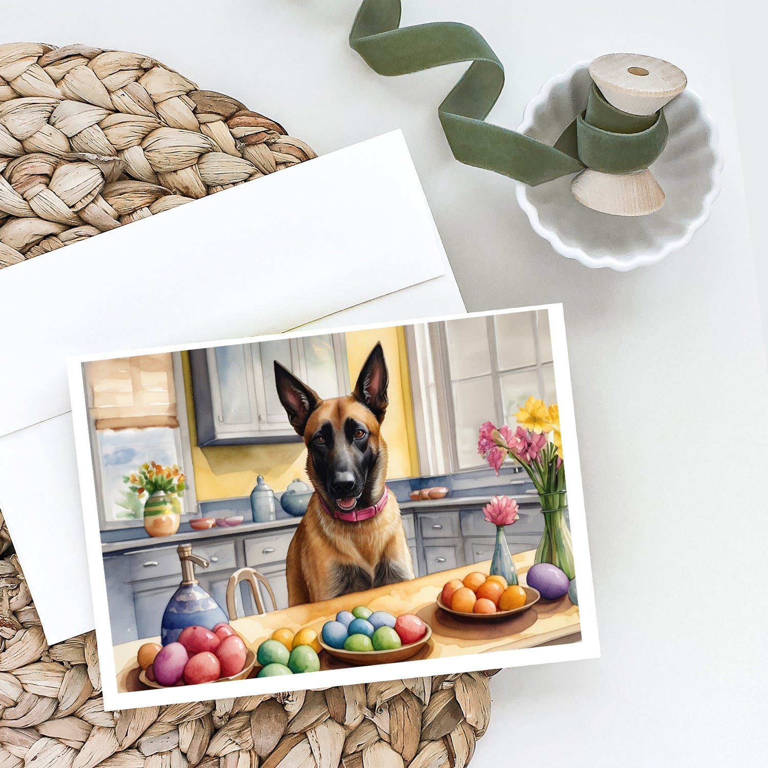 Decorating Easter Belgian Malinois Greeting Cards Pack of 8 Blank Cards with Envelopes Whimsical A7 Size 5x7