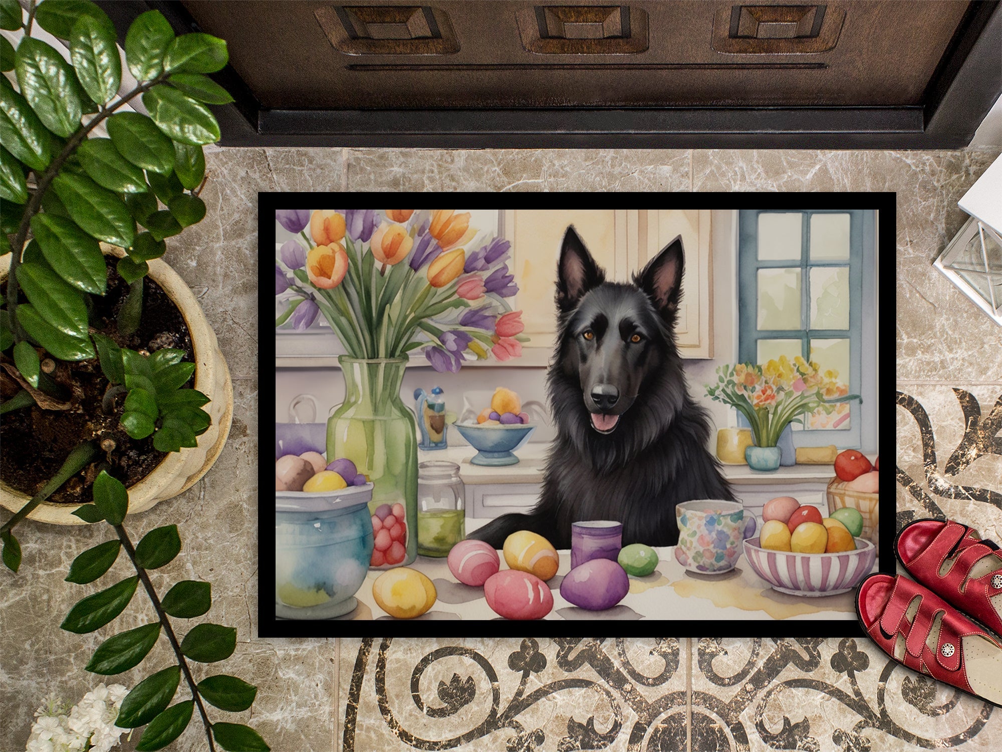 Decorating Easter Belgian Sheepdog Doormat Indoor Outdoor 24H X 36W Front Door Mat Rugs for Entryway, Non Slip Washable Low Pile,