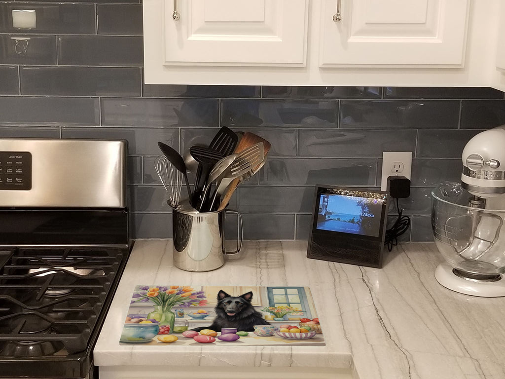 Decorating Easter Belgian Sheepdog Cutting Board Tempered Glass Kitchen Cutting Surface, Heat Resistant Chopping, Non-Slip Feet, Food Prep & Serving