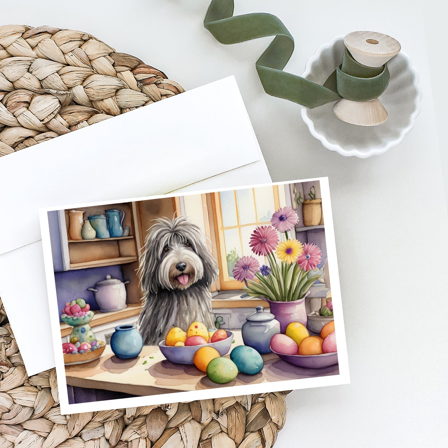 Decorating Easter Bergamasco Sheepdog Greeting Cards Pack of 8 Blank Cards with Envelopes Whimsical A7 Size 5x7