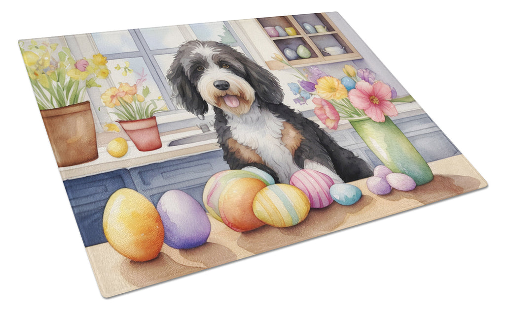 Decorating Easter Bernedoodle Cutting Board Tempered Glass Kitchen Cutting Surface, Heat Resistant Chopping, Non-Slip Feet, Food Prep & Serving