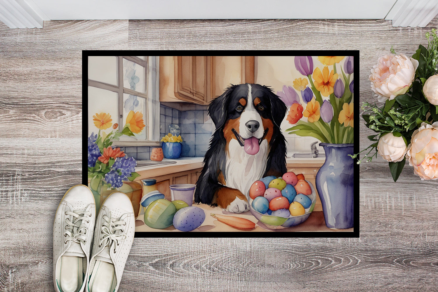 Decorating Easter Bernese Mountain Dog Doormat Indoor Outdoor 18H X 27W Front Door Mat Rugs for Entryway, Non Slip Washable