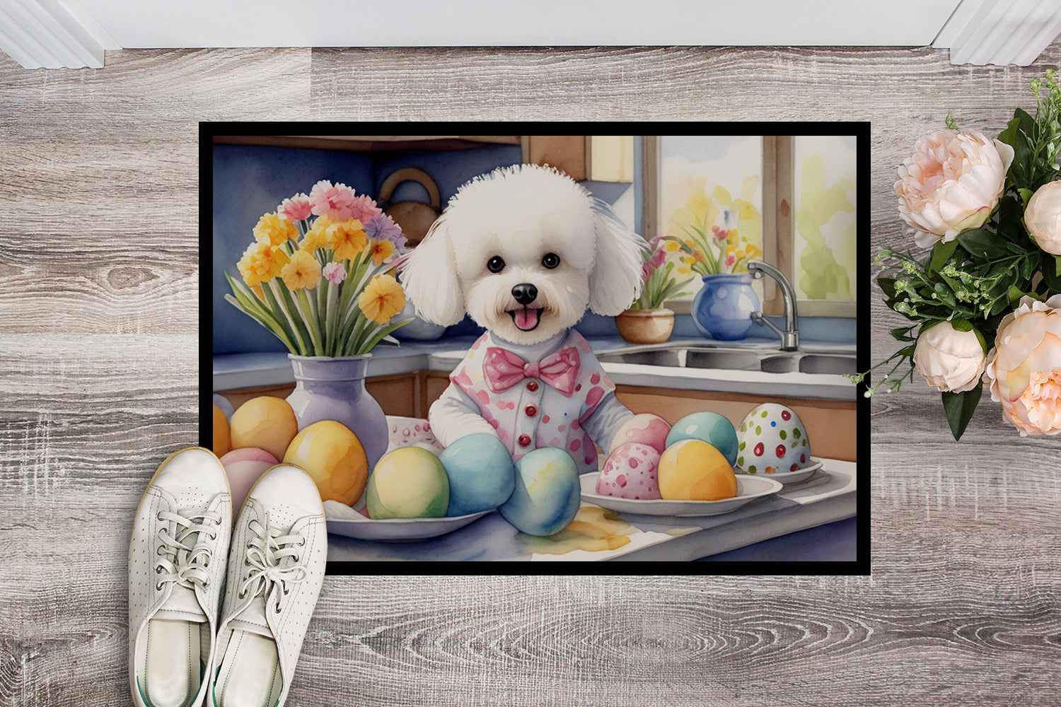 Decorating Easter Bichon Frise Doormat Indoor Outdoor 18H X 27W Front Door Mat Rugs for Entryway, Non Slip Washable