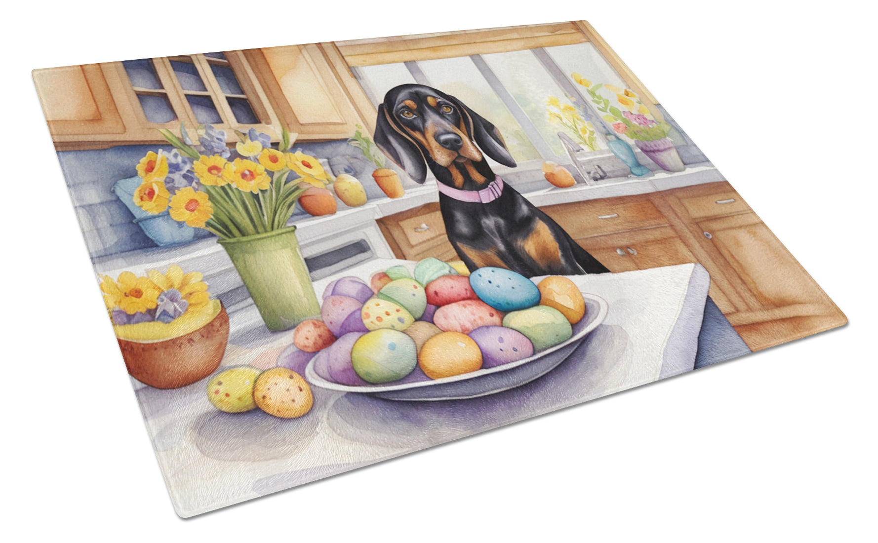 Decorating Easter Black and Tan Coonhound Cutting Board Tempered Glass Kitchen Cutting Surface, Heat Resistant Chopping, Non-Slip Feet, Food Prep & Serving