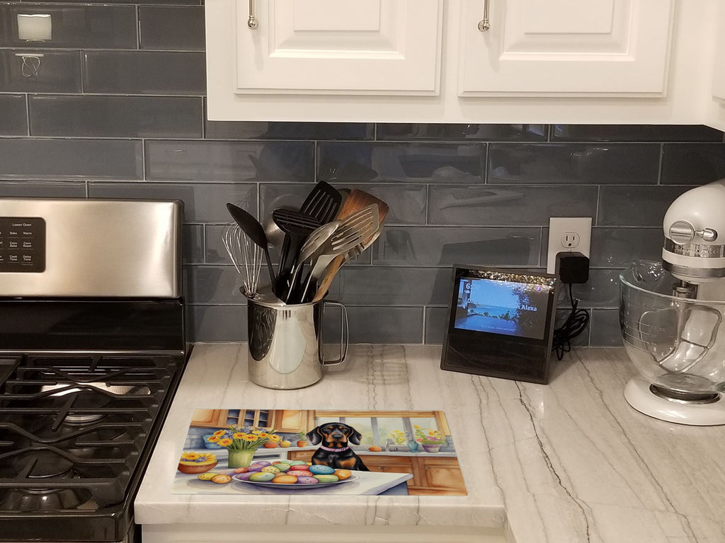 Decorating Easter Black and Tan Coonhound Cutting Board Tempered Glass Kitchen Cutting Surface, Heat Resistant Chopping, Non-Slip Feet, Food Prep & Serving