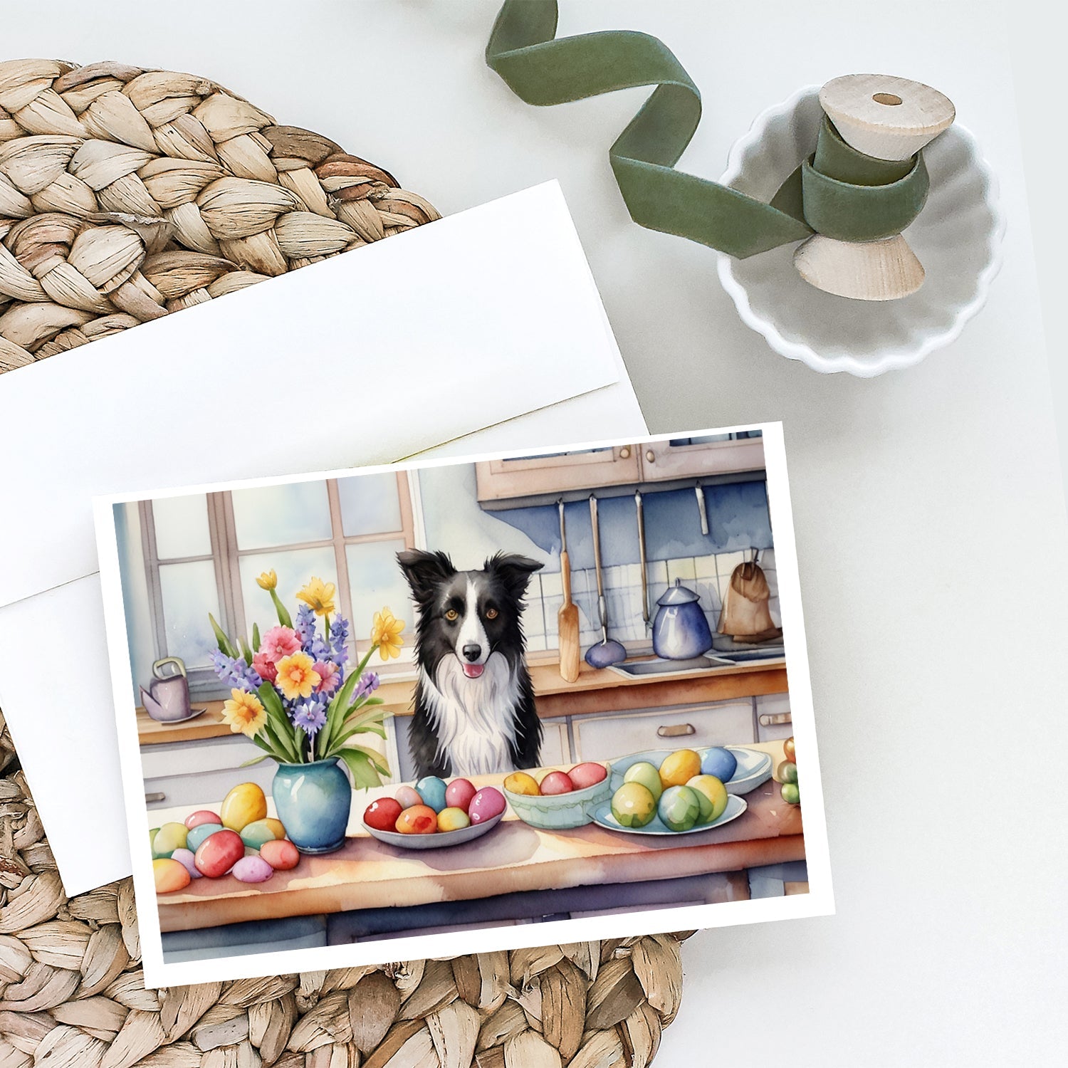 Decorating Easter Border Collie Greeting Cards Pack of 8 Blank Cards with Envelopes Whimsical A7 Size 5x7