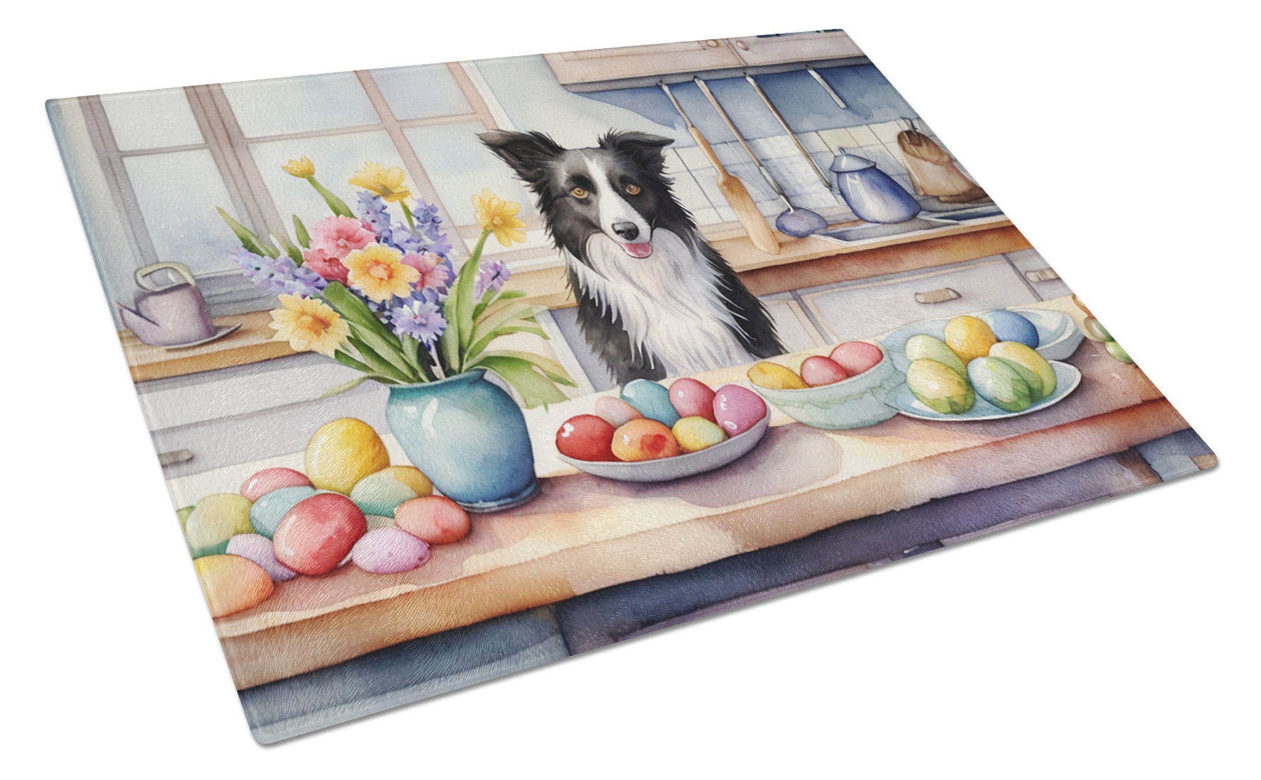 Decorating Easter Border Collie Cutting Board Tempered Glass Kitchen Cutting Surface, Heat Resistant Chopping, Non-Slip Feet, Food Prep & Serving