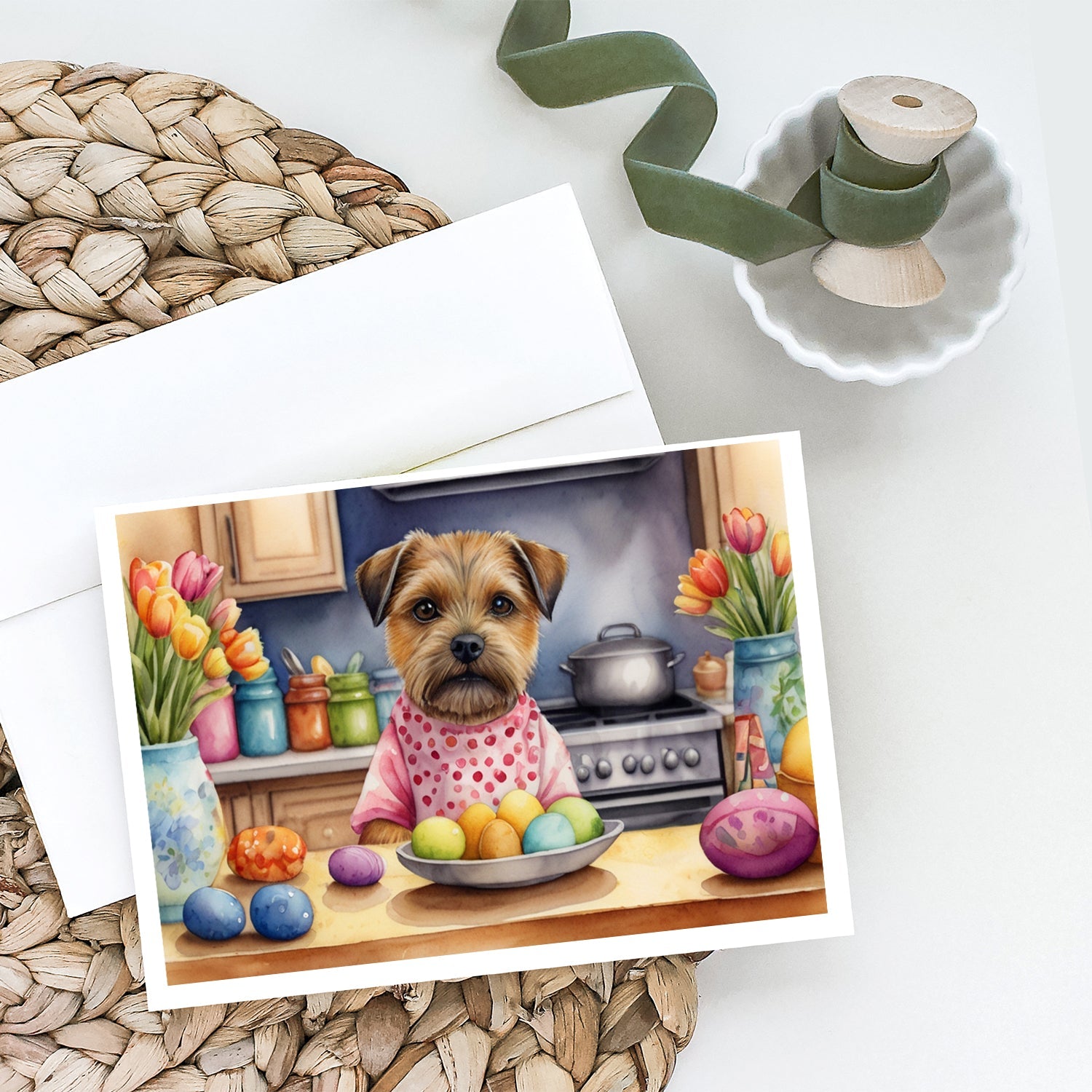 Decorating Easter Border Terrier Greeting Cards Pack of 8 Blank Cards with Envelopes Whimsical A7 Size 5x7