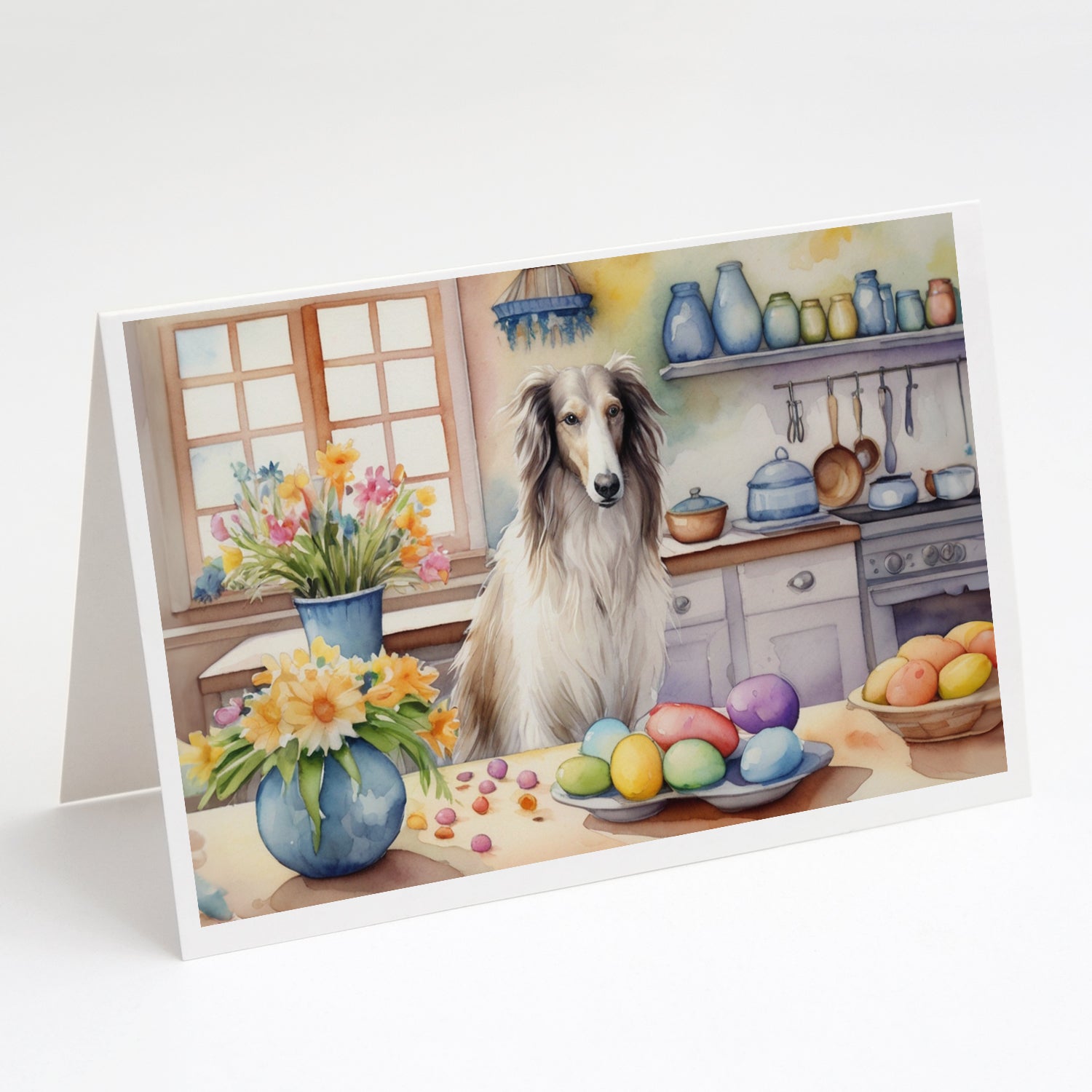 Decorating Easter Borzoi Greeting Cards Pack of 8 Blank Cards with Envelopes Whimsical A7 Size 5x7
