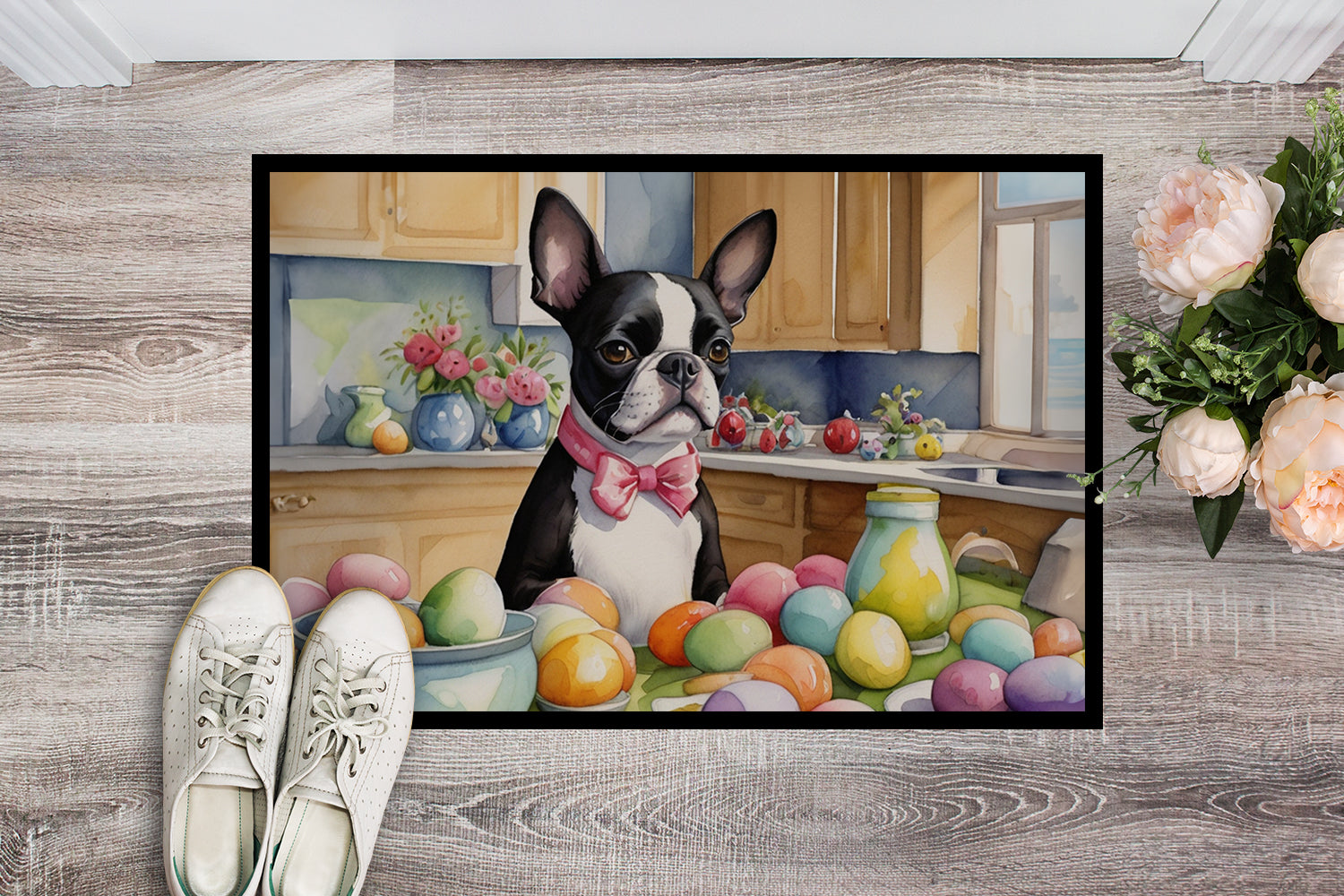 Decorating Easter Boston Terrier Doormat Indoor Outdoor 24H X 36W Front Door Mat Rugs for Entryway, Non Slip Washable Low Pile,