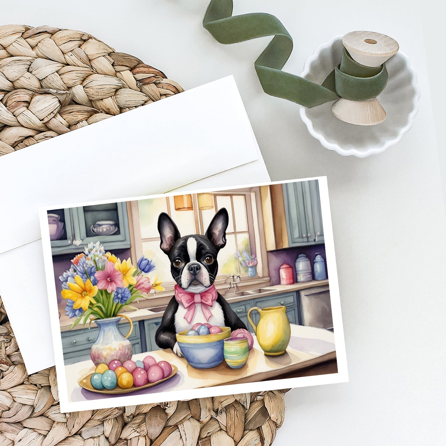 Decorating Easter Boston Terrier Greeting Cards Pack of 8 Blank Cards with Envelopes Whimsical A7 Size 5x7