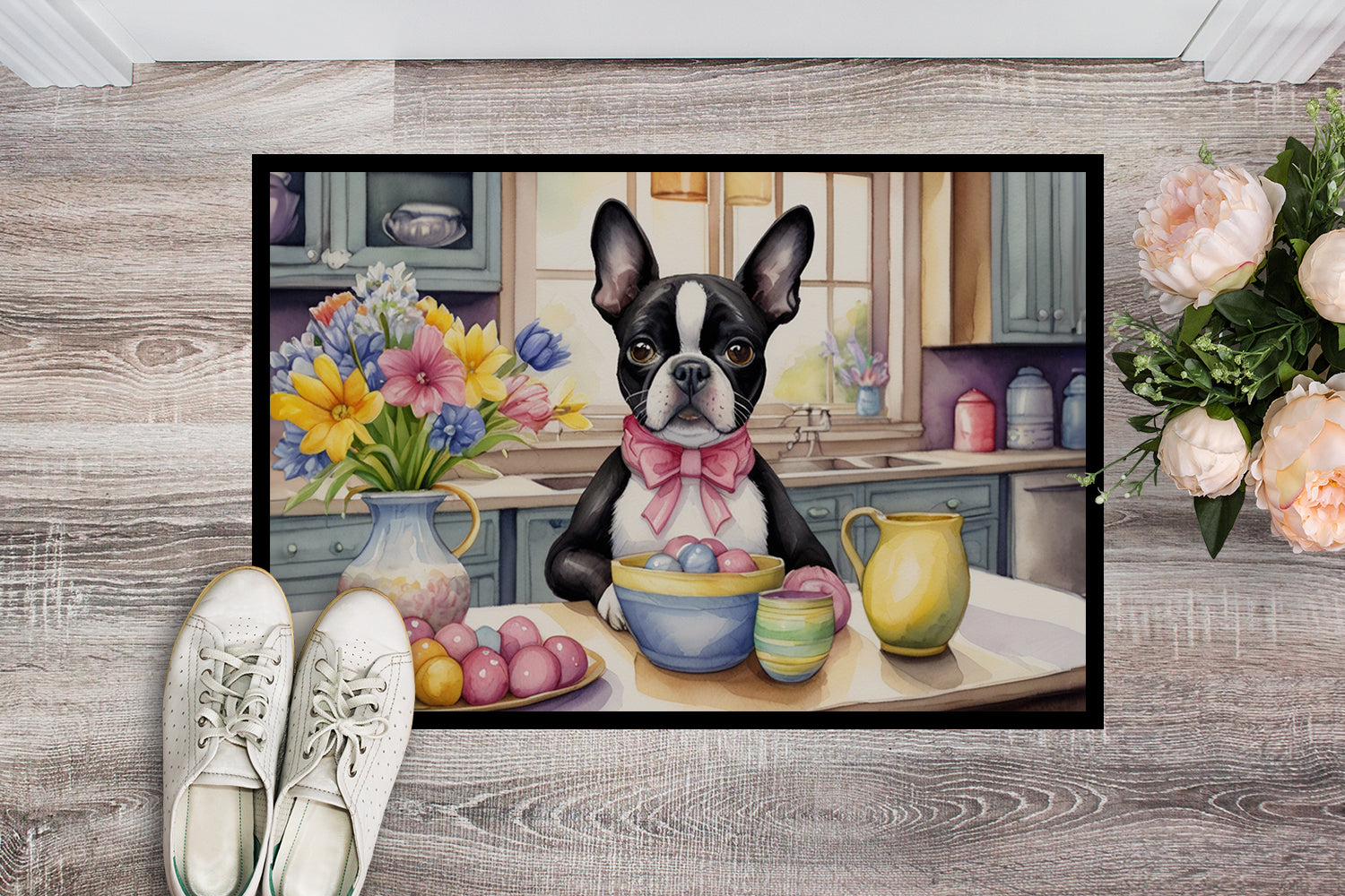 Decorating Easter Boston Terrier Doormat Indoor Outdoor 24H X 36W Front Door Mat Rugs for Entryway, Non Slip Washable Low Pile,