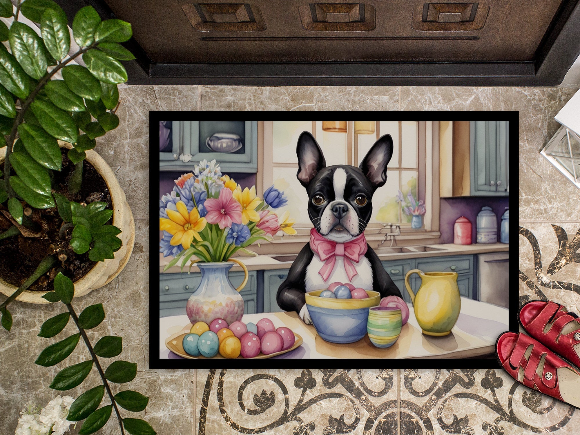 Decorating Easter Boston Terrier Doormat Indoor Outdoor 24H X 36W Front Door Mat Rugs for Entryway, Non Slip Washable Low Pile,
