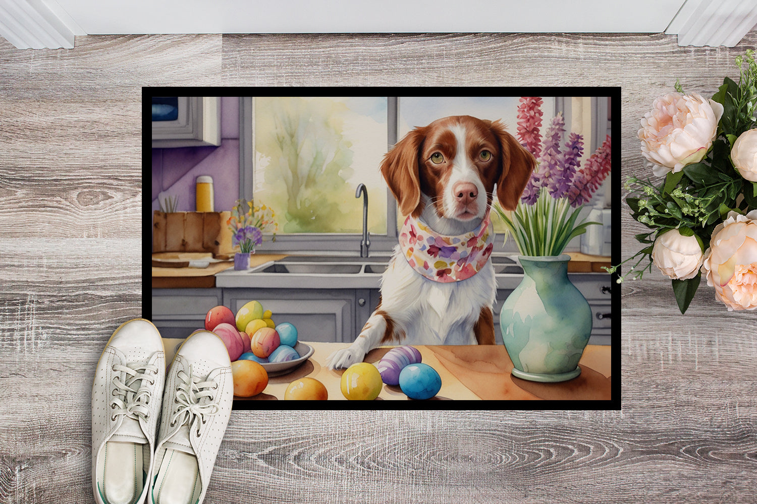 Decorating Easter Brittany Spaniel Doormat Indoor Outdoor 24H X 36W Front Door Mat Rugs for Entryway, Non Slip Washable Low Pile,