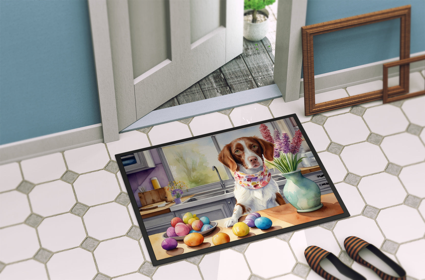 Decorating Easter Brittany Spaniel Doormat Indoor Outdoor 18H X 27W Front Door Mat Rugs for Entryway, Non Slip Washable