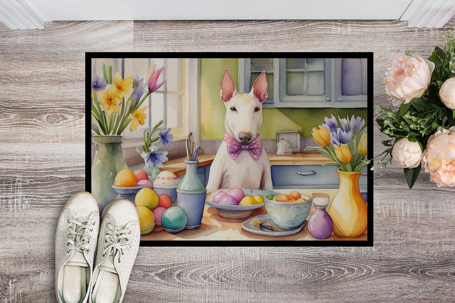 Decorating Easter Bull Terrier Doormat Indoor Outdoor 24H X 36W Front Door Mat Rugs for Entryway, Non Slip Washable Low Pile,