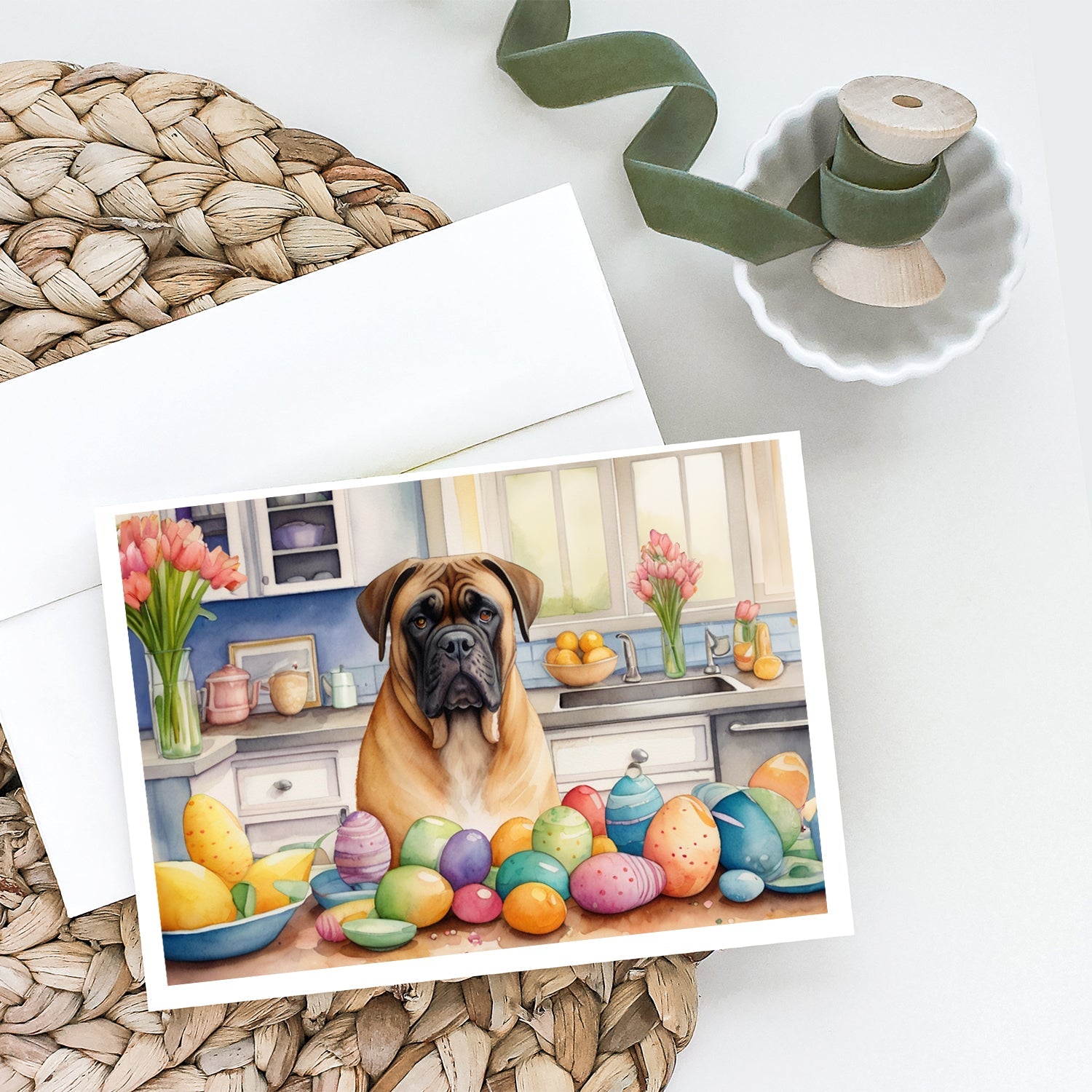 Decorating Easter Bullmastiff Greeting Cards Pack of 8 Blank Cards with Envelopes Whimsical A7 Size 5x7