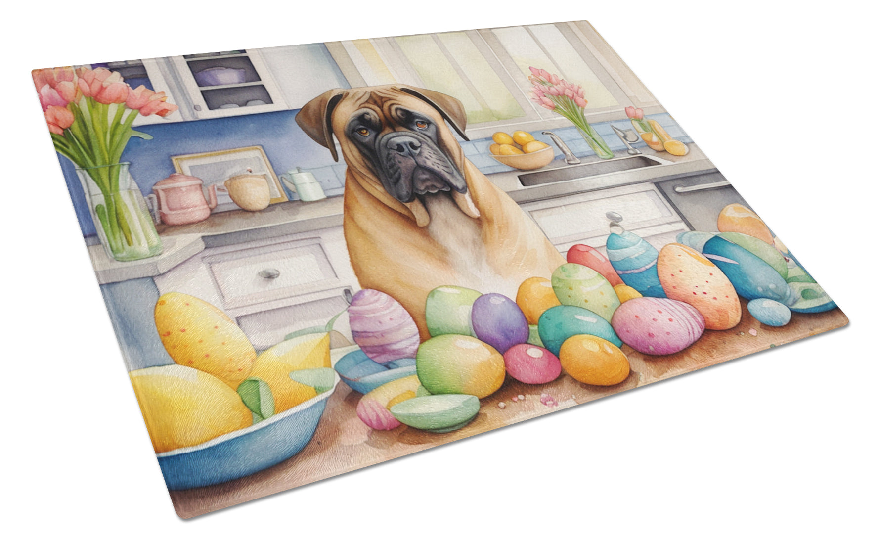 Decorating Easter Bullmastiff Cutting Board Tempered Glass Kitchen Cutting Surface, Heat Resistant Chopping, Non-Slip Feet, Food Prep & Serving