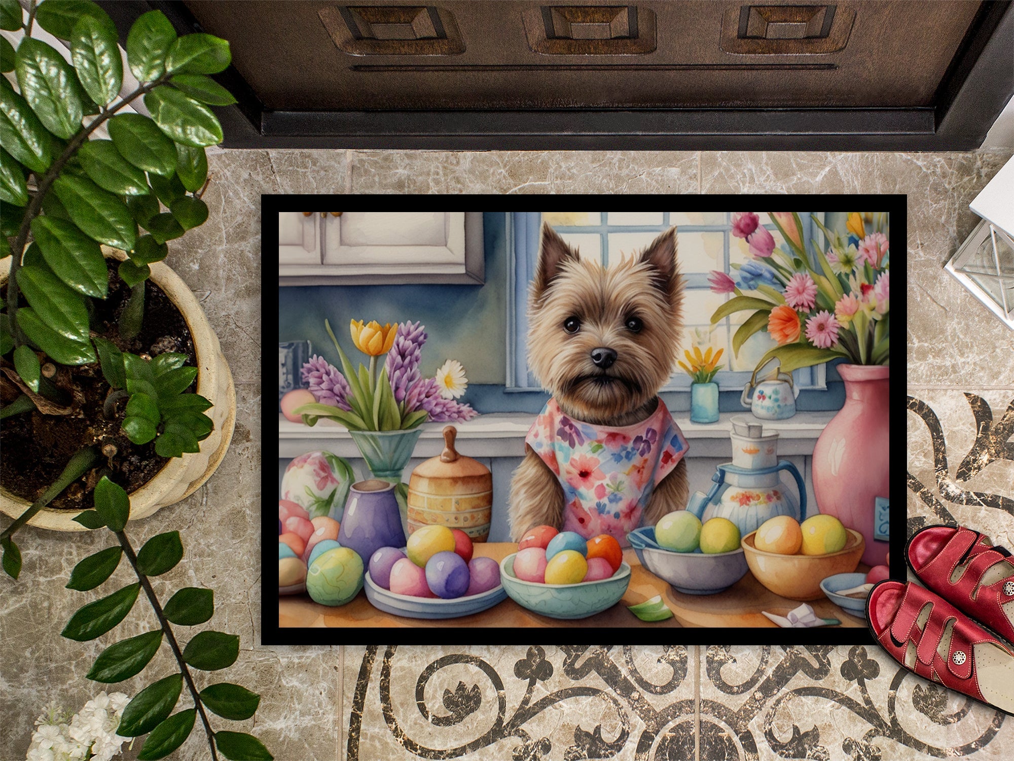 Decorating Easter Cairn Terrier Doormat Indoor Outdoor 24H X 36W Front Door Mat Rugs for Entryway, Non Slip Washable Low Pile,