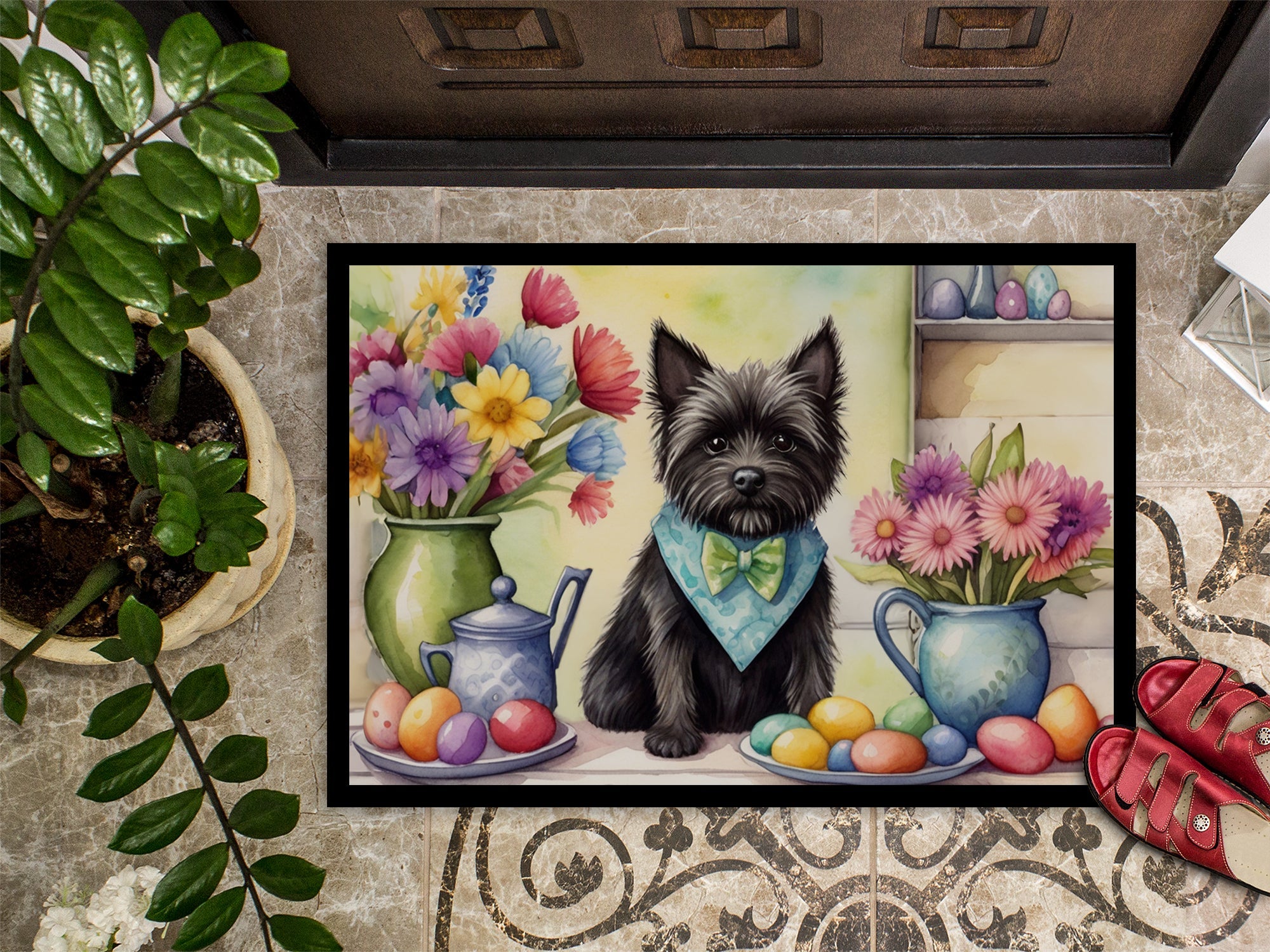 Decorating Easter Cairn Terrier Doormat Indoor Outdoor 18H X 27W Front Door Mat Rugs for Entryway, Non Slip Washable