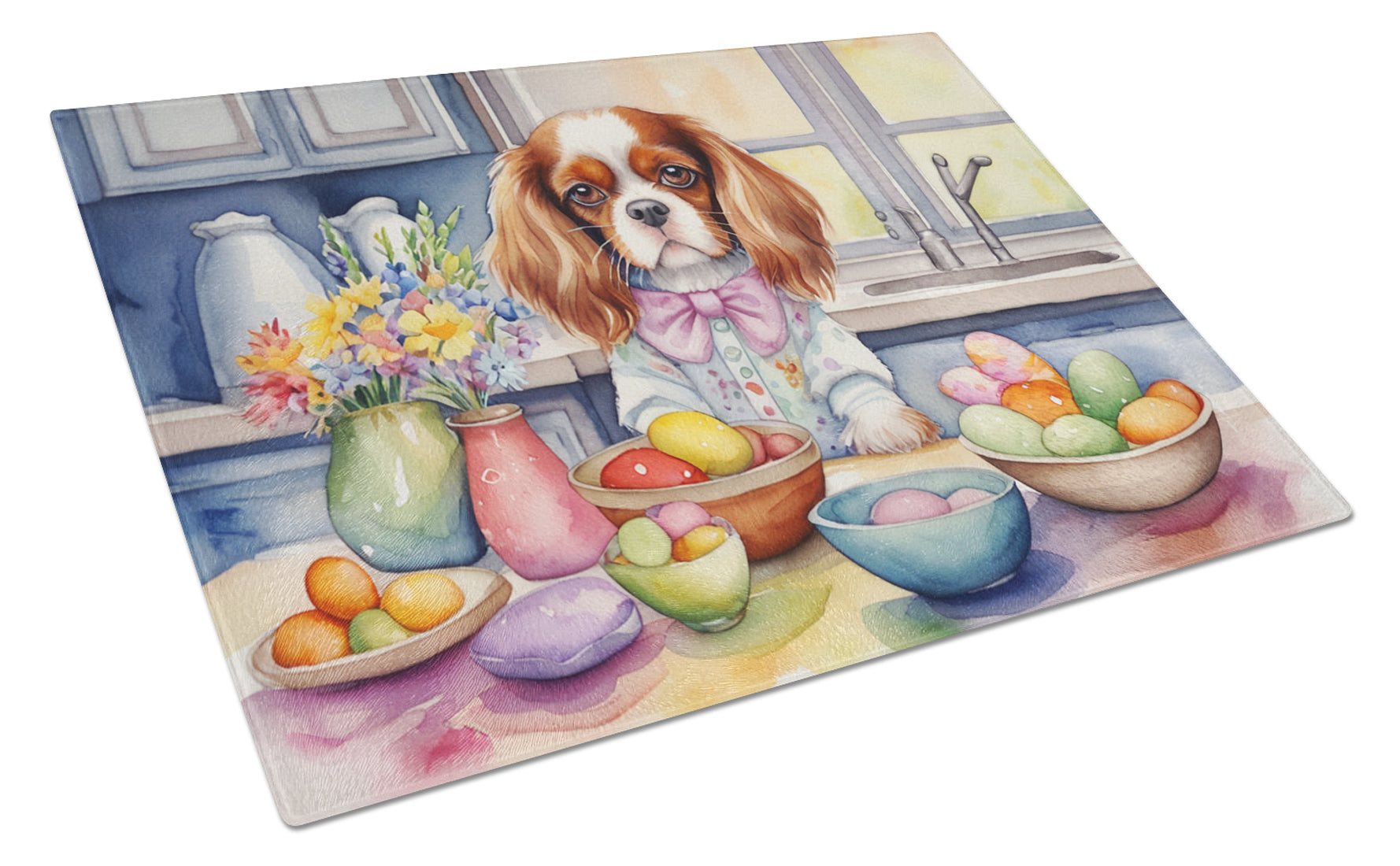 Decorating Easter Cavalier Spaniel Cutting Board Tempered Glass Kitchen Cutting Surface, Heat Resistant Chopping, Non-Slip Feet, Food Prep & Serving