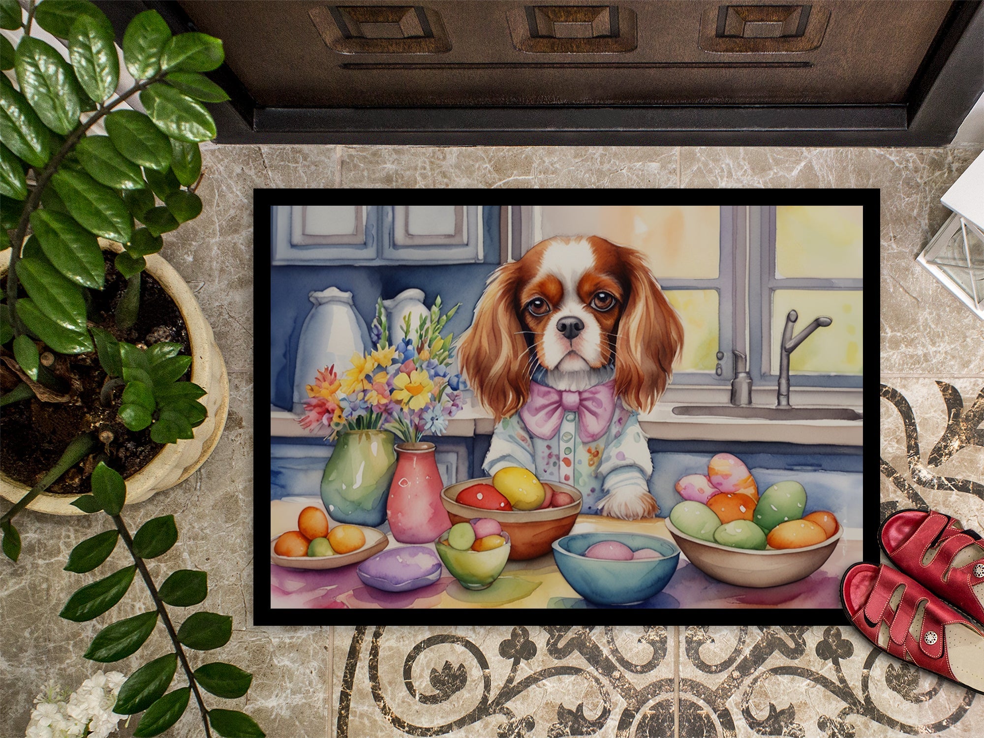 Decorating Easter Cavalier Spaniel Doormat Indoor Outdoor 18H X 27W Front Door Mat Rugs for Entryway, Non Slip Washable