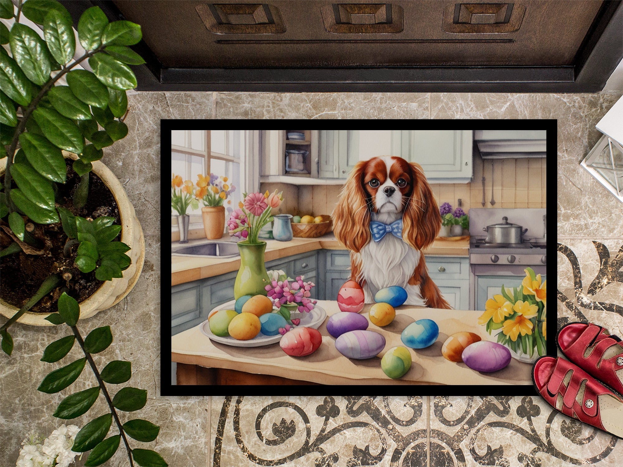 Decorating Easter Cavalier Spaniel Doormat Indoor Outdoor 18H X 27W Front Door Mat Rugs for Entryway, Non Slip Washable