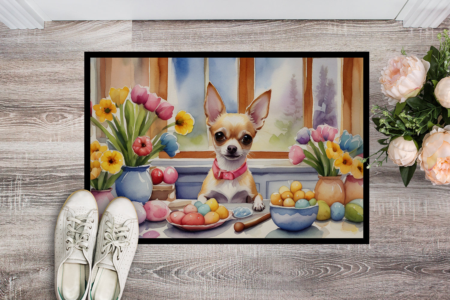 Decorating Easter Chihuahua Doormat Indoor Outdoor 18H X 27W Front Door Mat Rugs for Entryway, Non Slip Washable