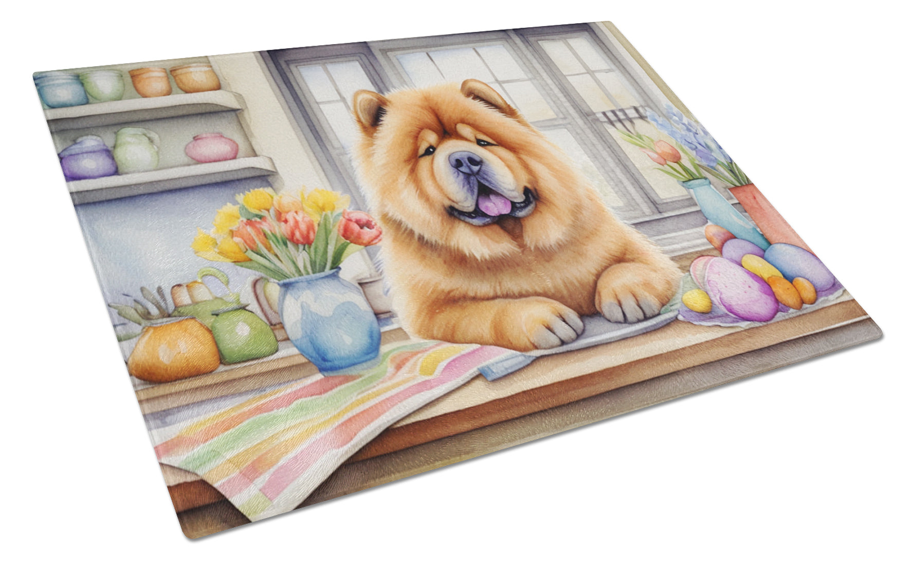 Decorating Easter Chow Chow Cutting Board Tempered Glass Kitchen Cutting Surface, Heat Resistant Chopping, Non-Slip Feet, Food Prep & Serving