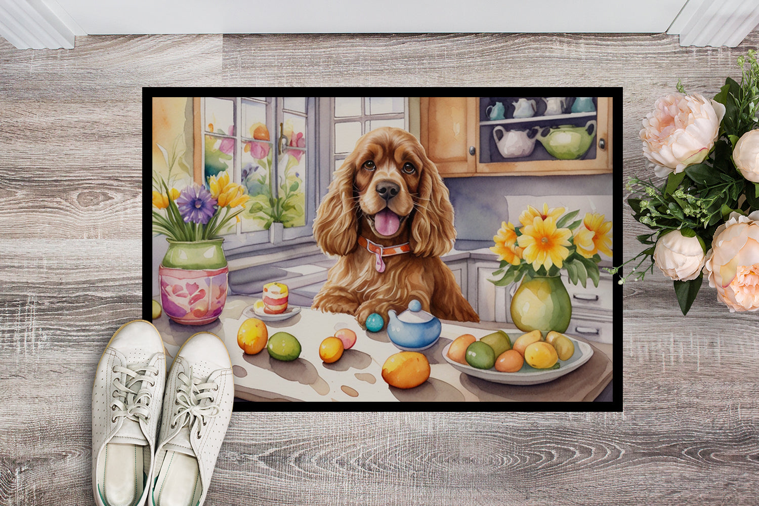 Decorating Easter Cocker Spaniel Doormat Indoor Outdoor 24H X 36W Front Door Mat Rugs for Entryway, Non Slip Washable Low Pile,