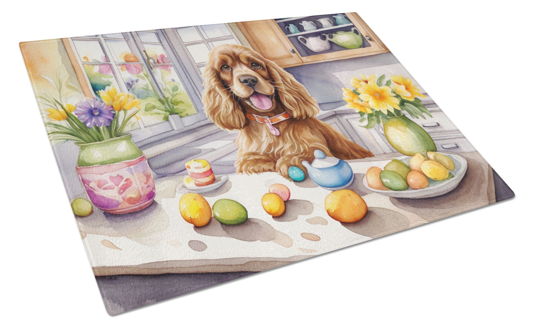 Decorating Easter Cocker Spaniel Cutting Board Tempered Glass Kitchen Cutting Surface, Heat Resistant Chopping, Non-Slip Feet, Food Prep & Serving