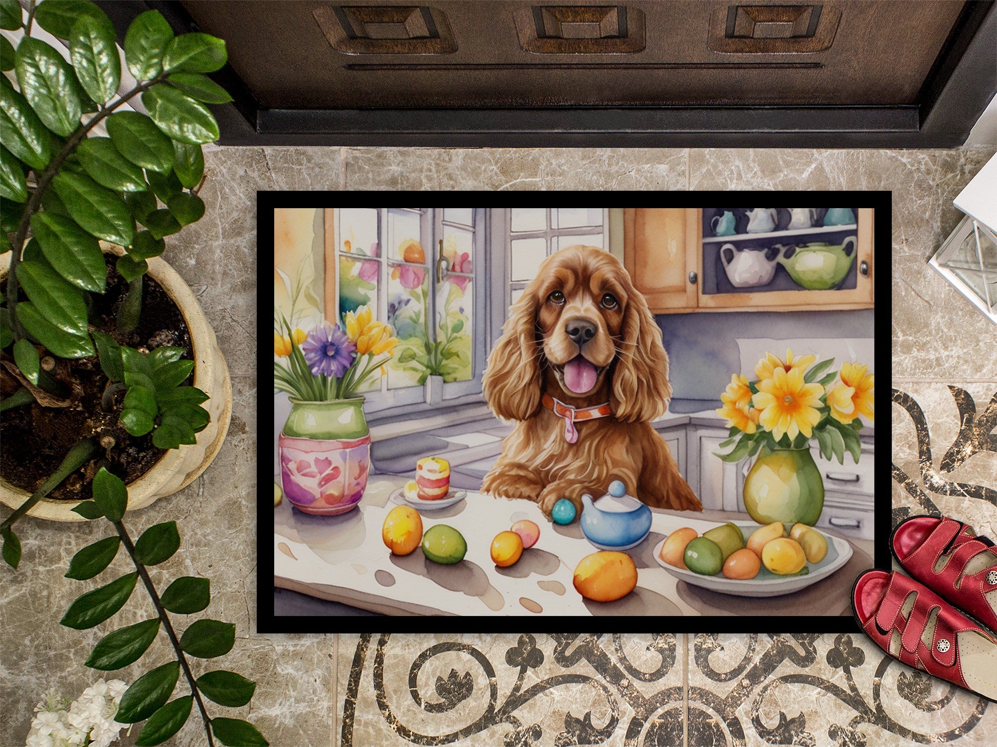 Decorating Easter Cocker Spaniel Doormat Indoor Outdoor 18H X 27W Front Door Mat Rugs for Entryway, Non Slip Washable
