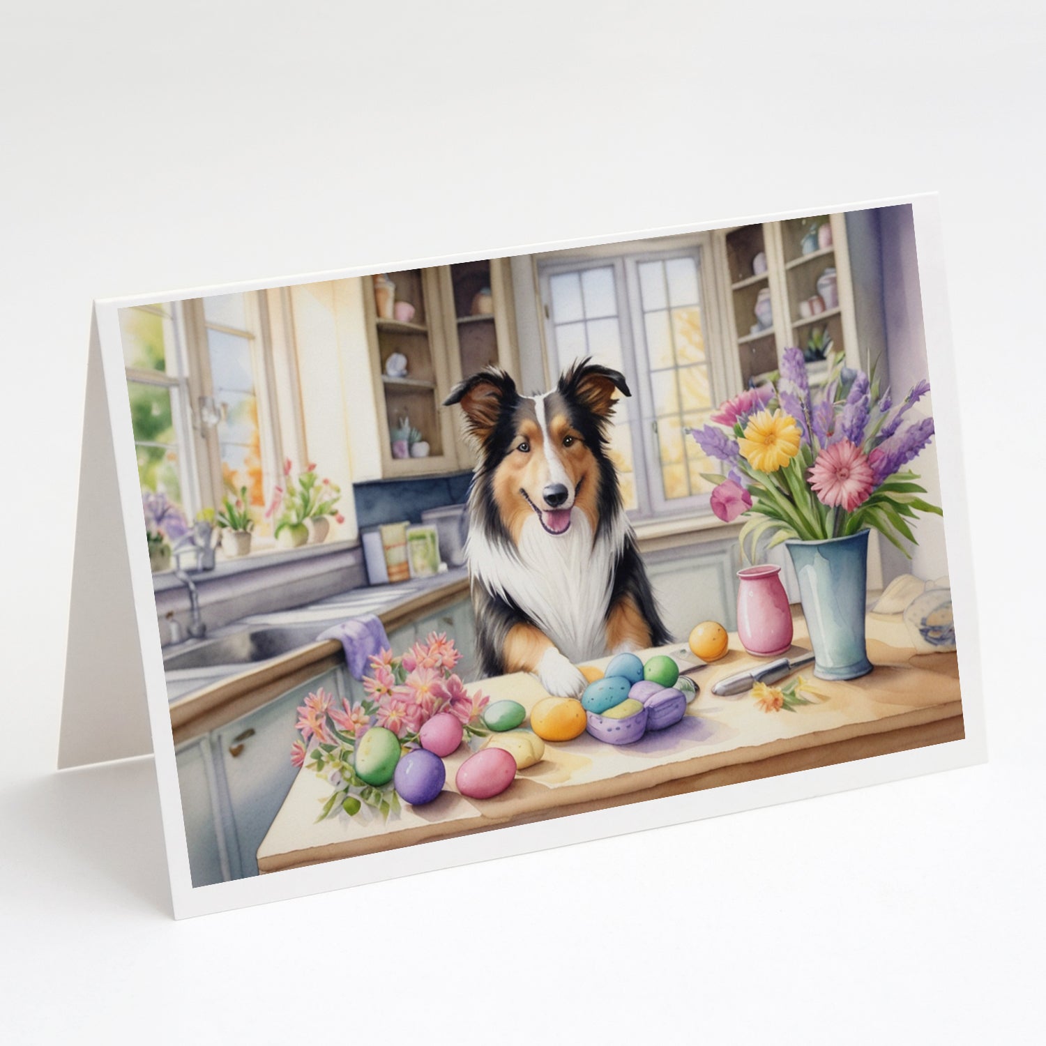 Decorating Easter Collie Greeting Cards Pack of 8 Blank Cards with Envelopes Whimsical A7 Size 5x7